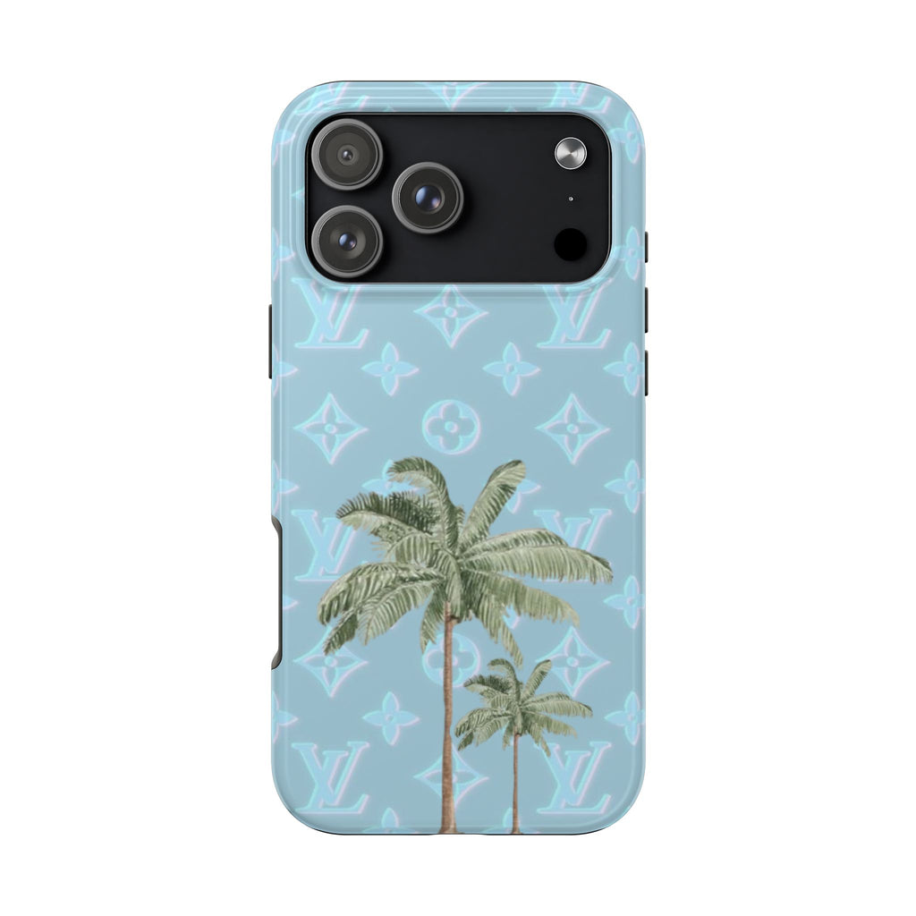 Blue phone case with palm trees and repeating LV-style monogram pattern, camera area visible