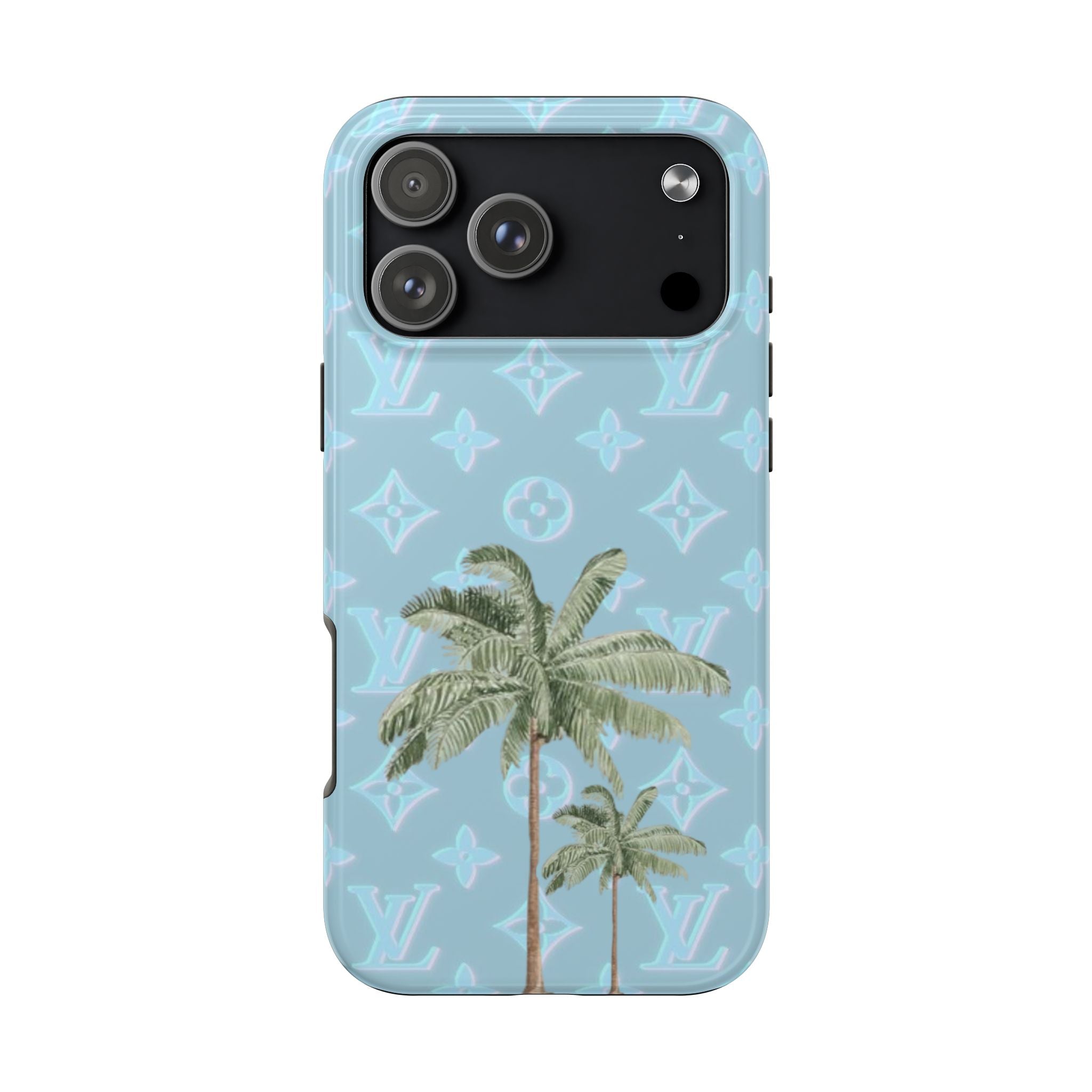 Blue phone case with palm trees and repeating LV-style monogram pattern, camera area visible