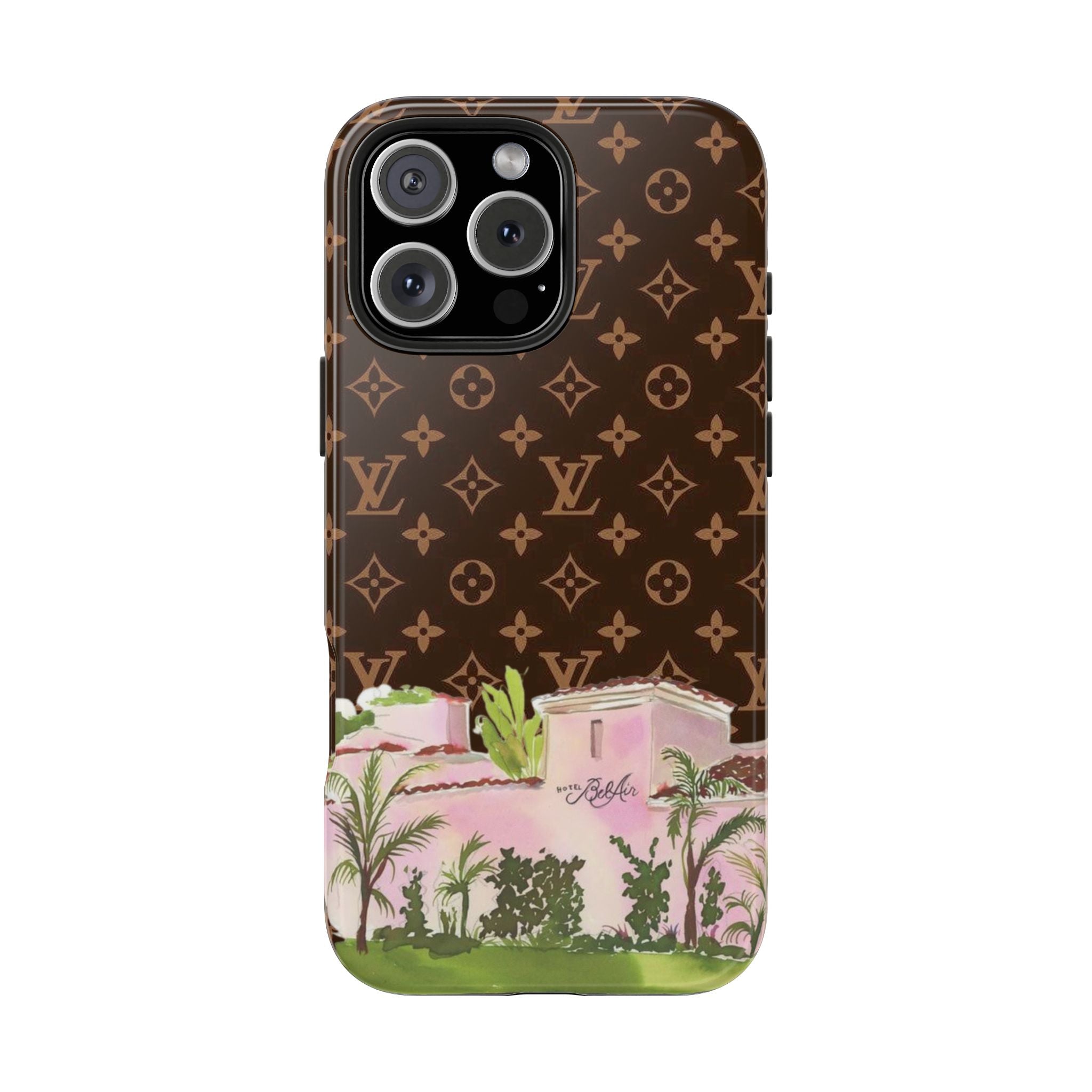 Brown phone case with LV monogram and pink Bel Air illustration, camera lens cutouts