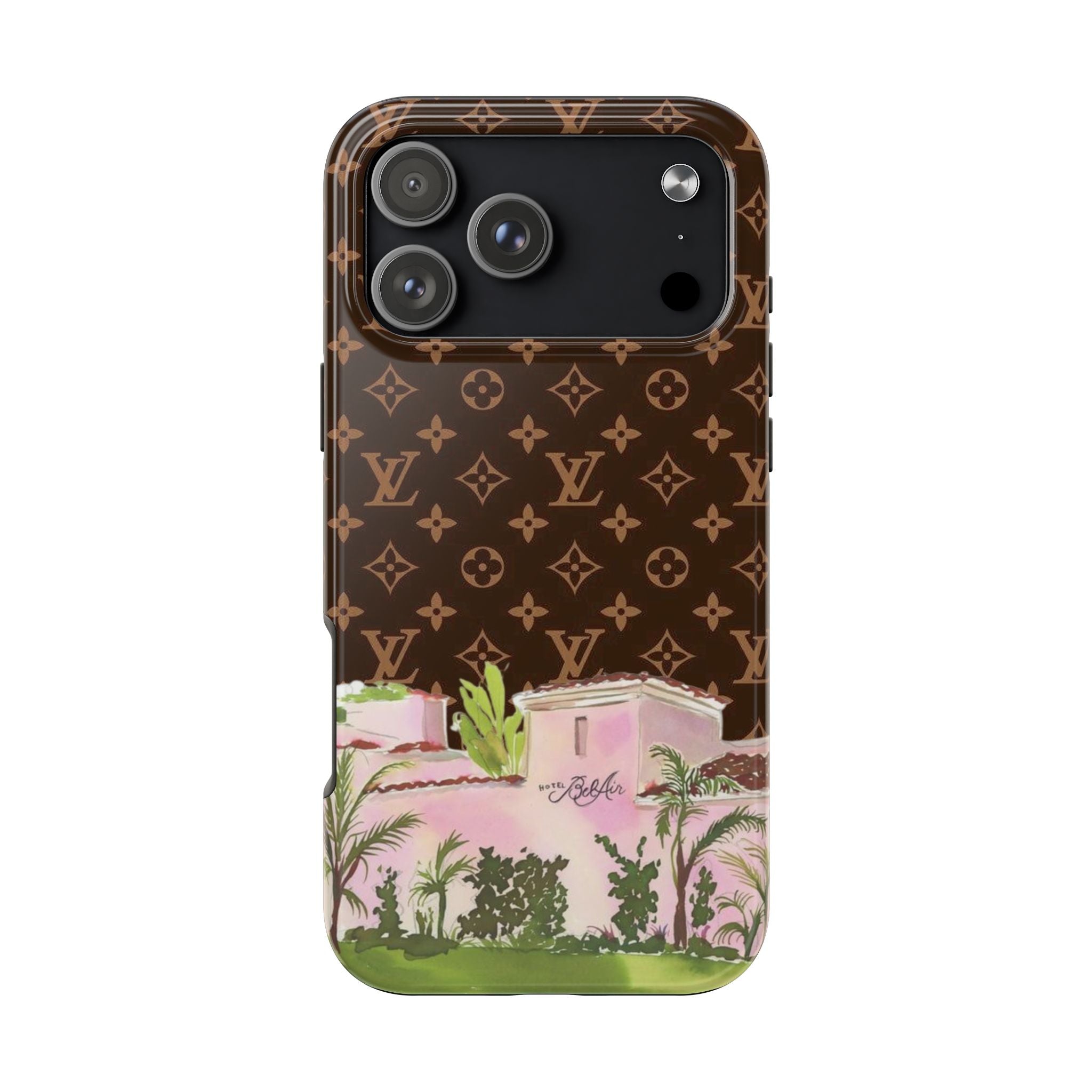 Brown phone case with LV monogram pattern and pink Bel Air scene, glossy finish