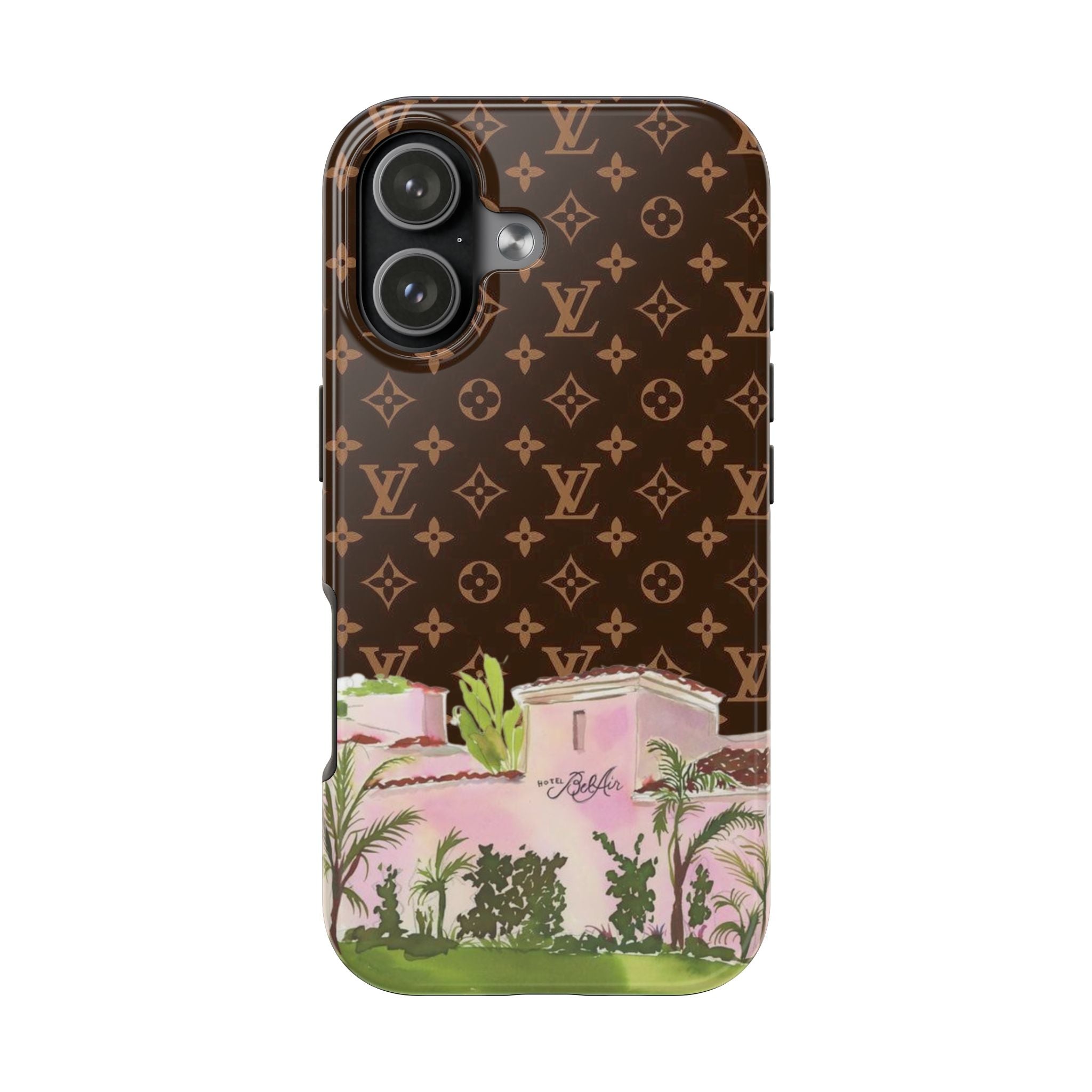 Brown phone case with LV monogram upper section and pink Bel Air illustration with plants