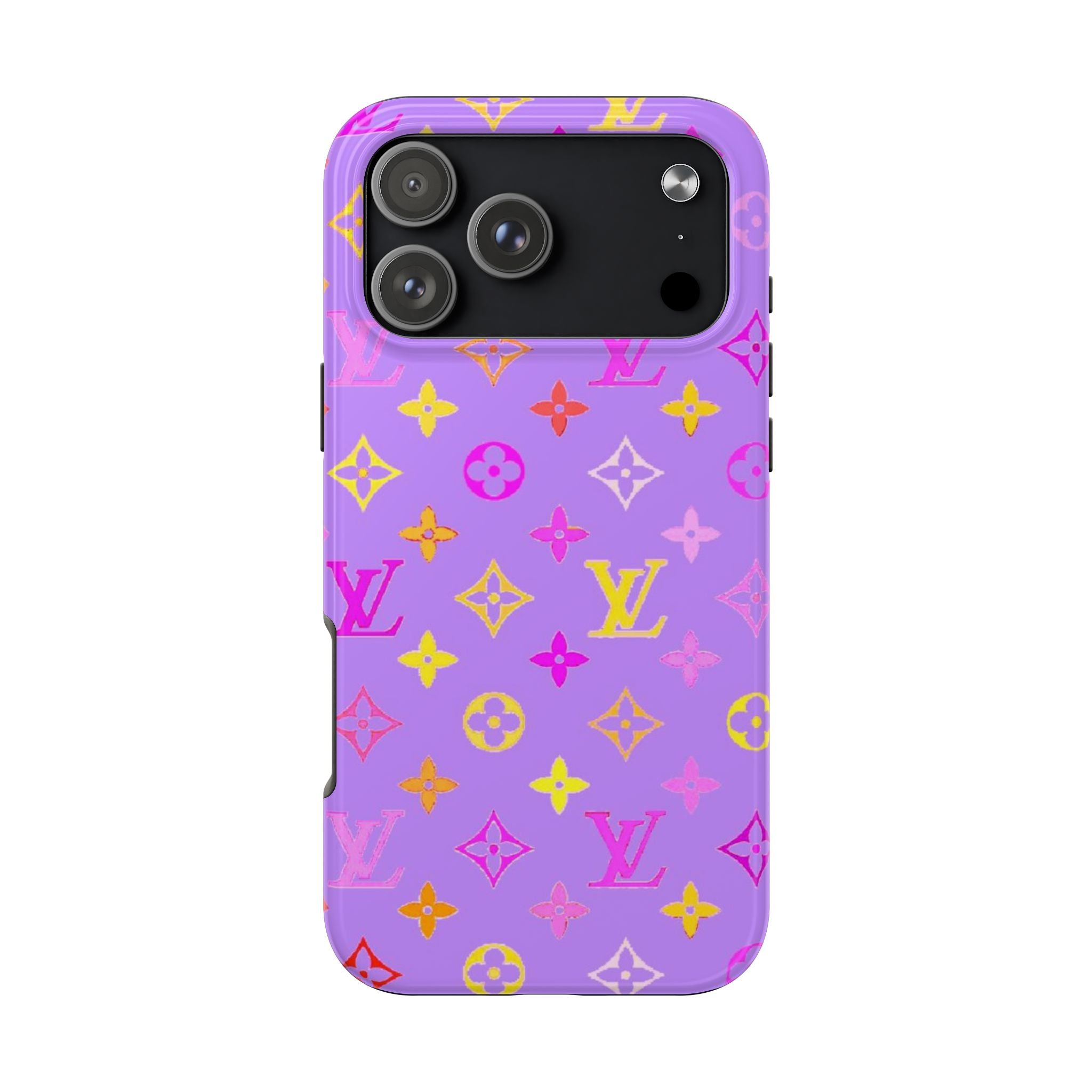 Purple phone case with multicolor LV-style icons and floral monograms pattern