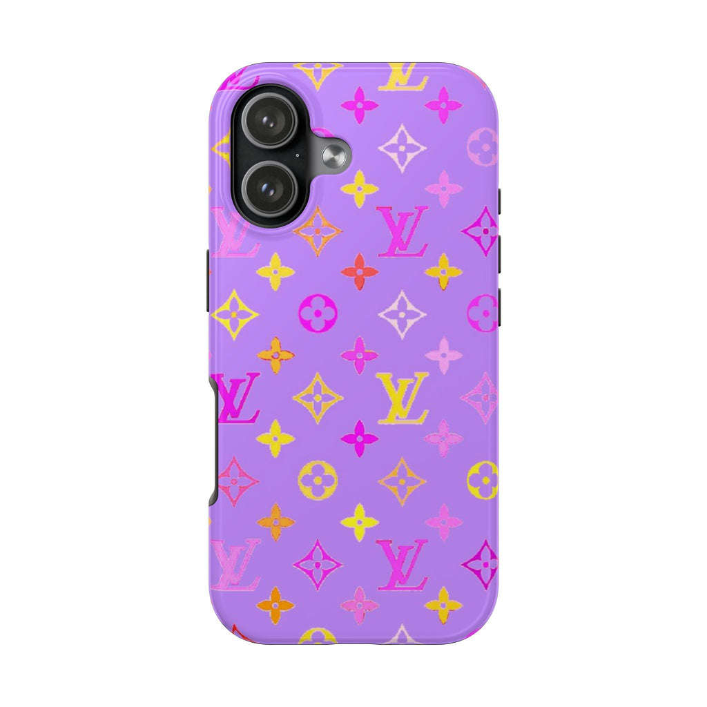 Purple phone case with multicolor LV-style icons pattern and camera cutouts