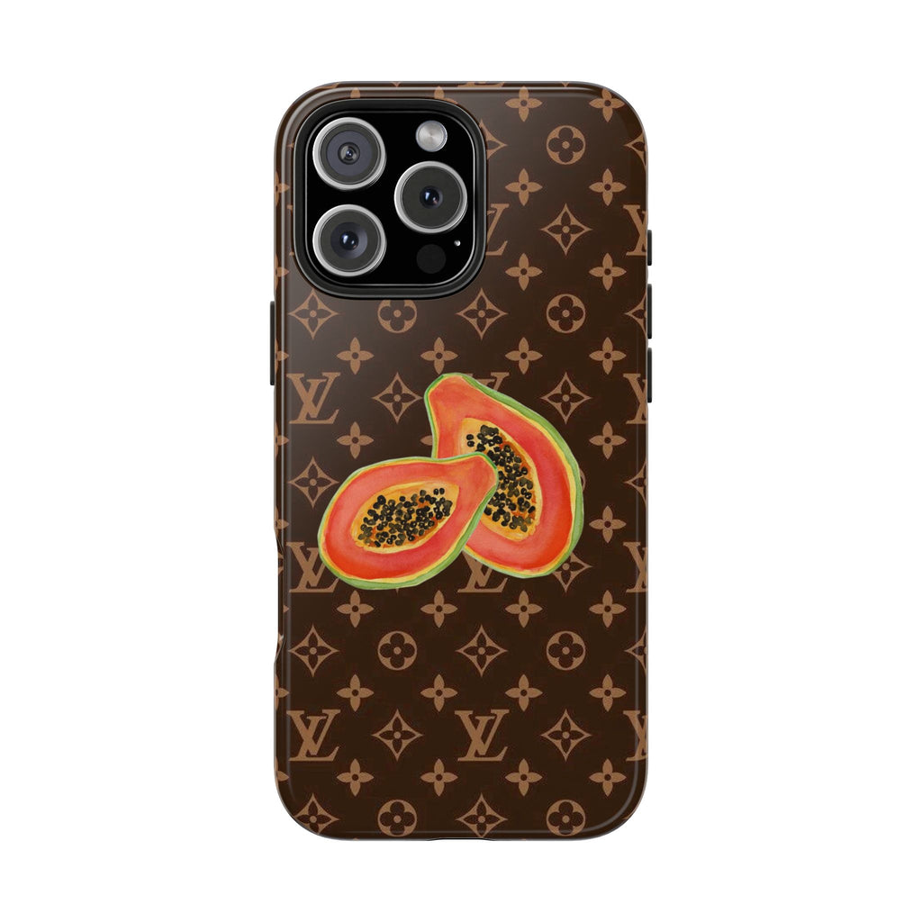 LV Summer Papaya phone case back with papaya slice art and repeating monogram motifs