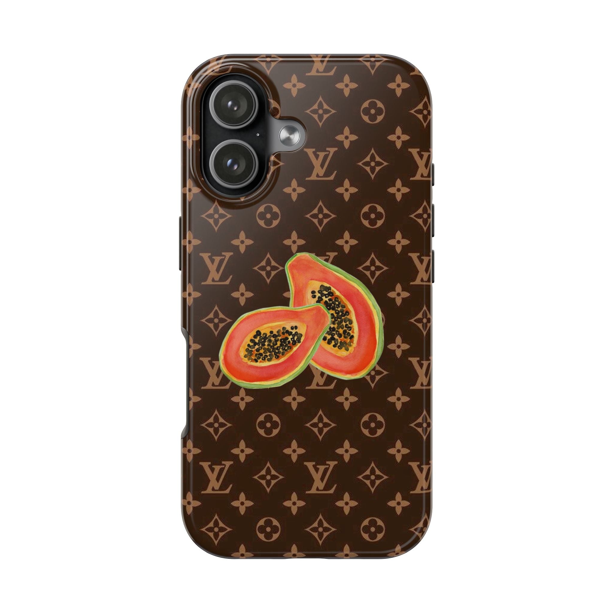 LV Summer Papaya phone case with centered papaya slice graphic and repeating monogram pattern