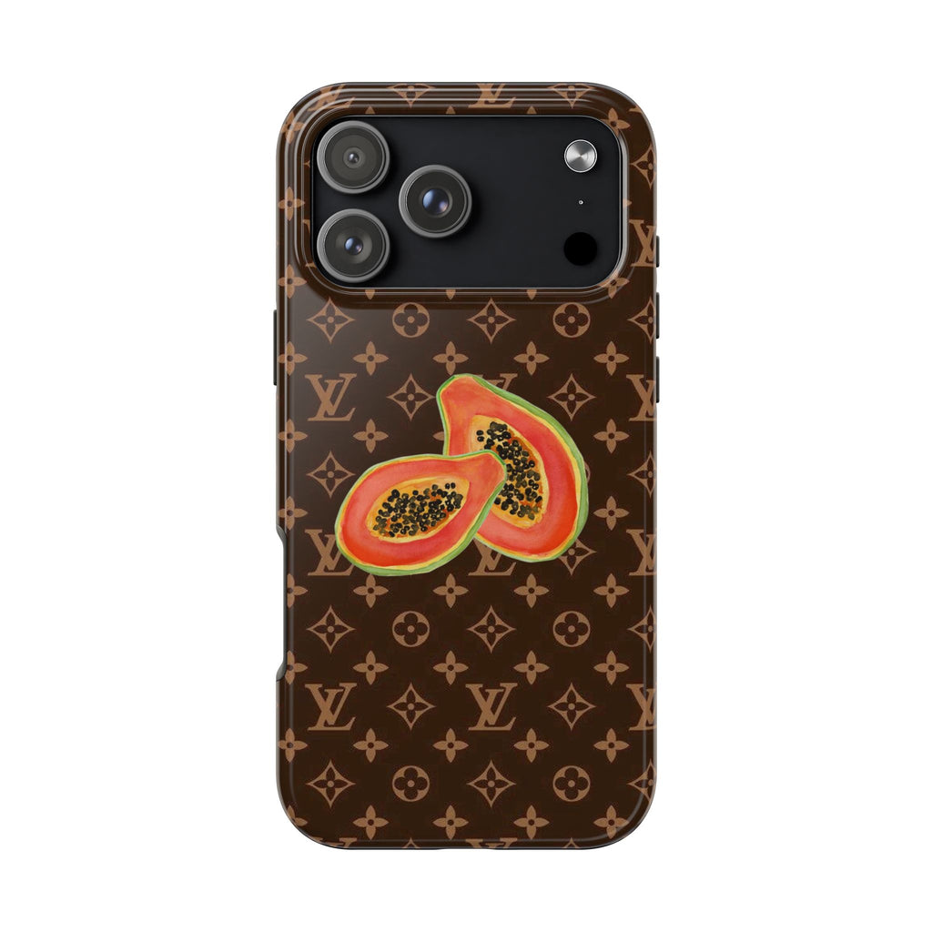 LV Summer Papaya phone case with dark monogram pattern and papaya slice graphic