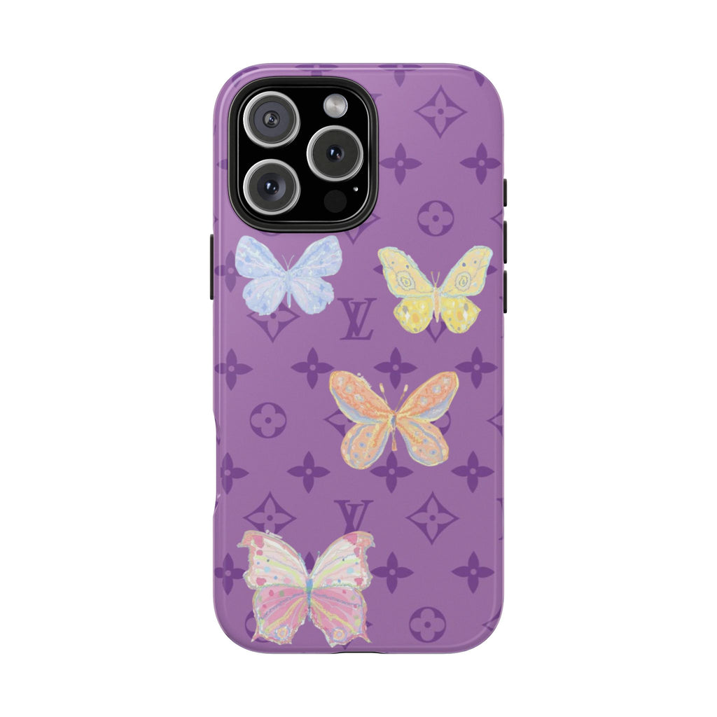 Purple phone case with colorful butterflies and LV-style monogram pattern.