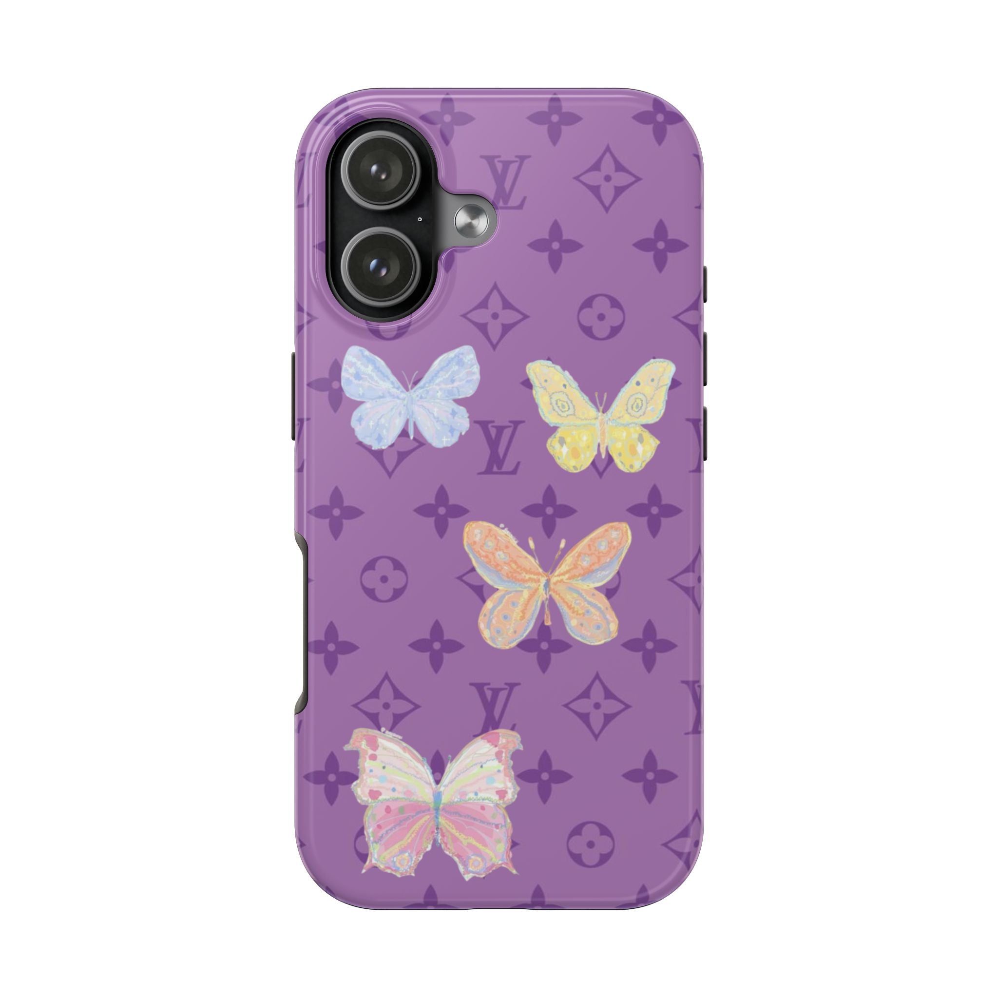 Purple phone case with butterflies and LV-style monogram pattern, dual camera cutouts.