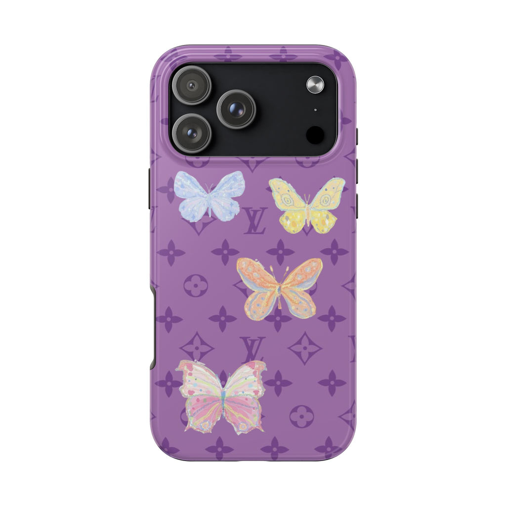 Purple phone case with colorful butterflies and repeating LV-style icons.