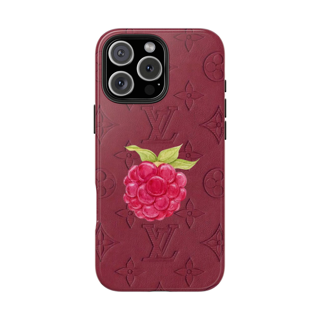 Raspberry phone case with embossed floral and monogram design, camera lens cutouts
