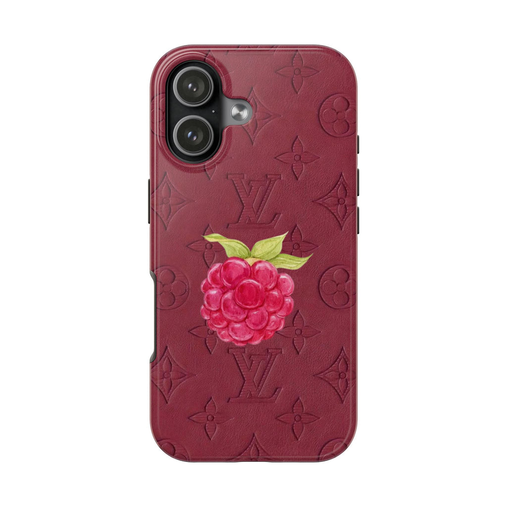 Raspberry phone case with embossed floral and monogram motif, camera cutout detail