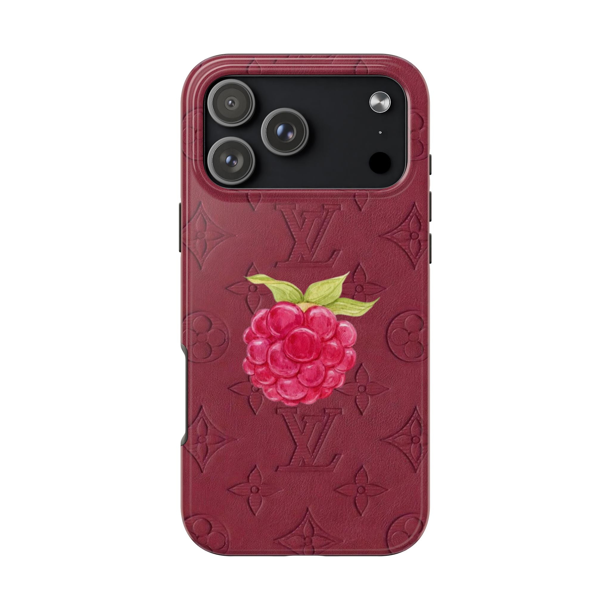 Raspberry phone case with embossed floral and monogram pattern, camera cutout