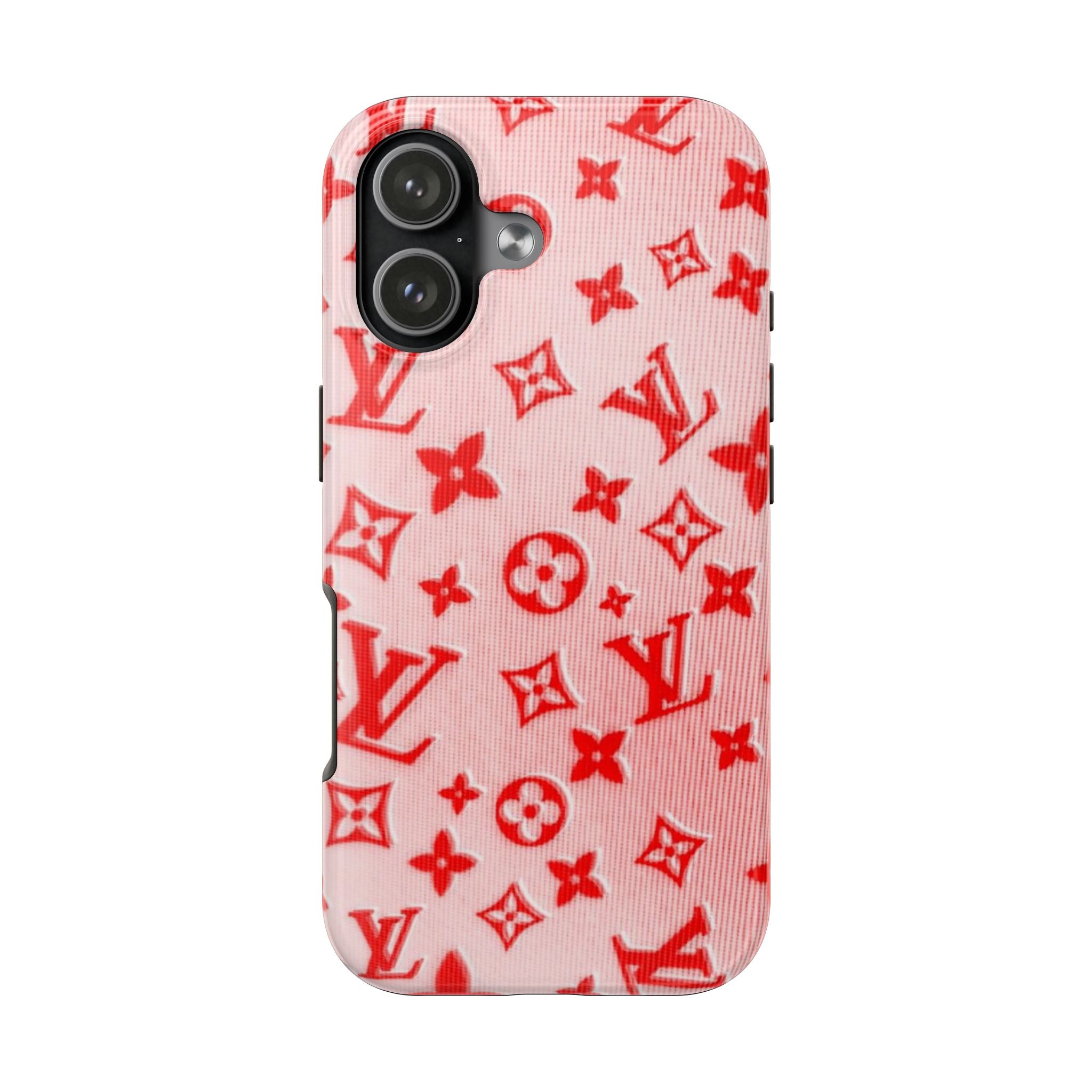LV phone case in strawberry pink with red monogram pattern, raised camera bump