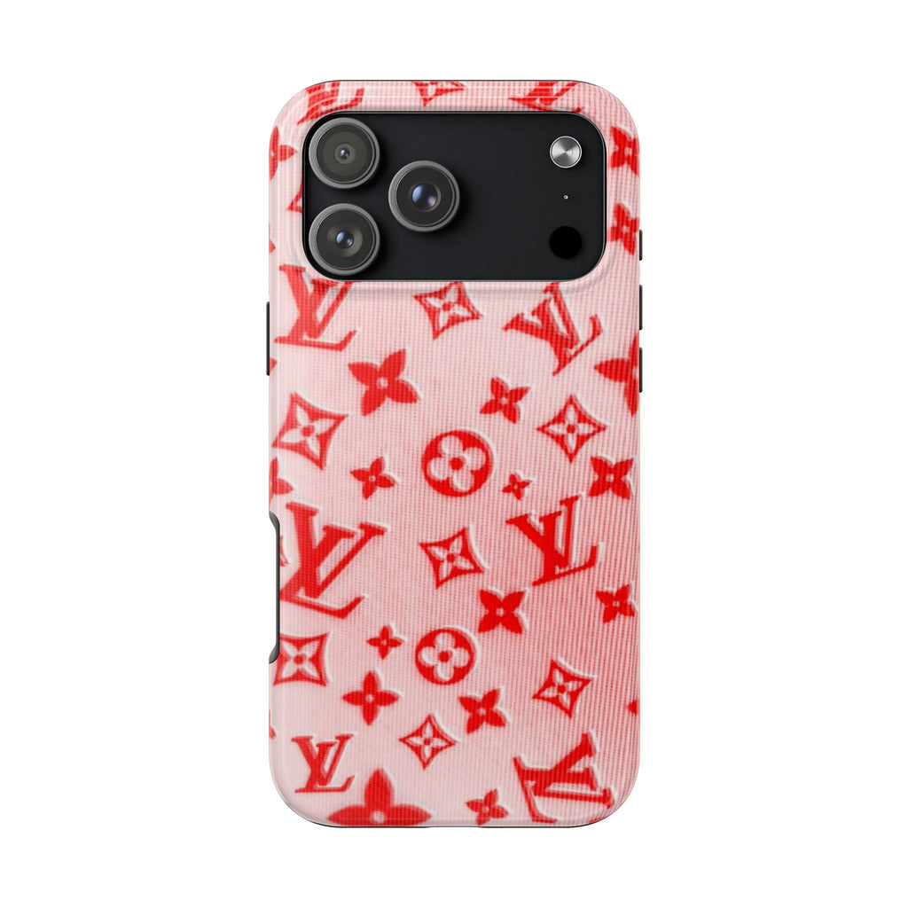 LV phone case in strawberry pink with red monogram pattern, camera cutouts