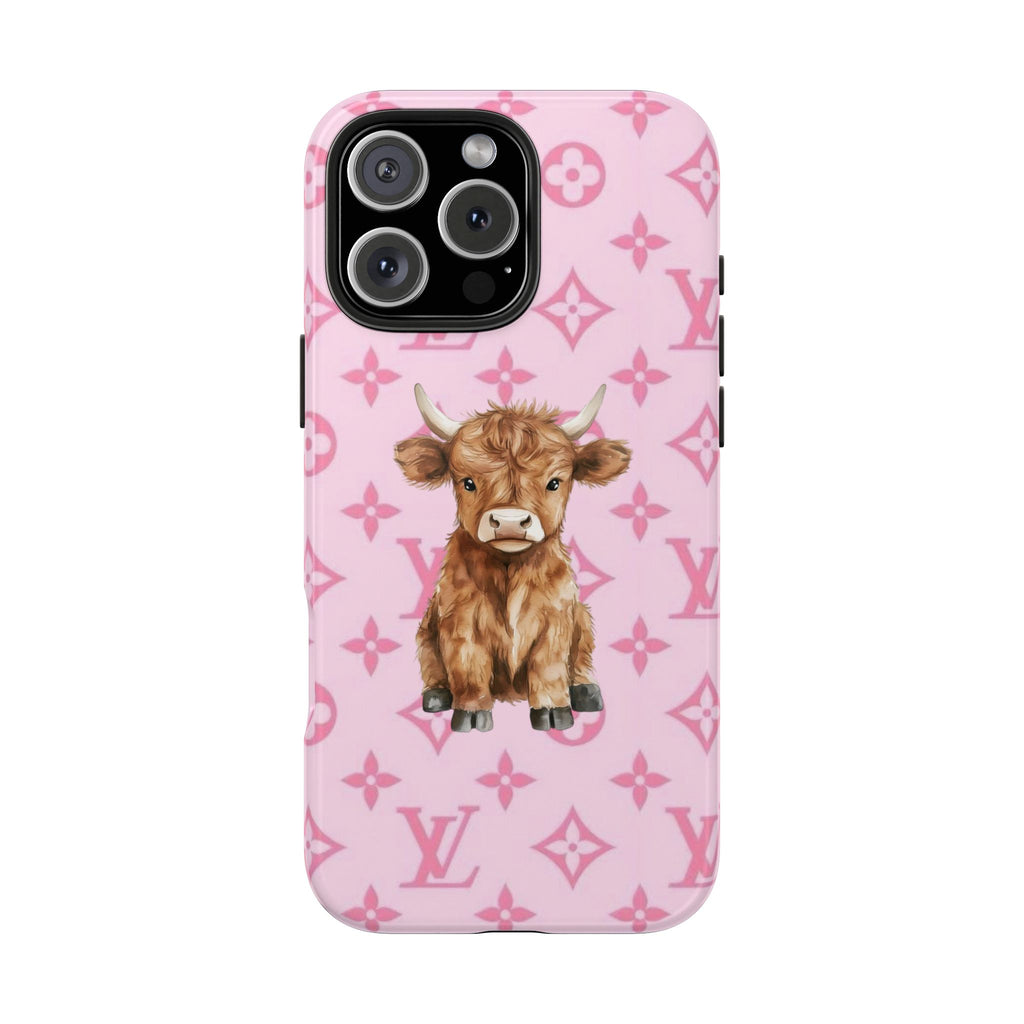 Pink LV phone case featuring a highland cow illustration over repeating monogram motifs