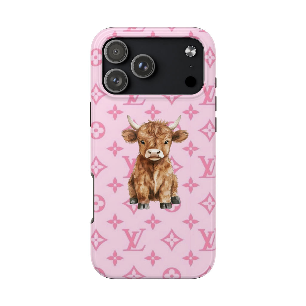 Pink LV phone case with centered highland cow, camera cutouts, and monogram pattern