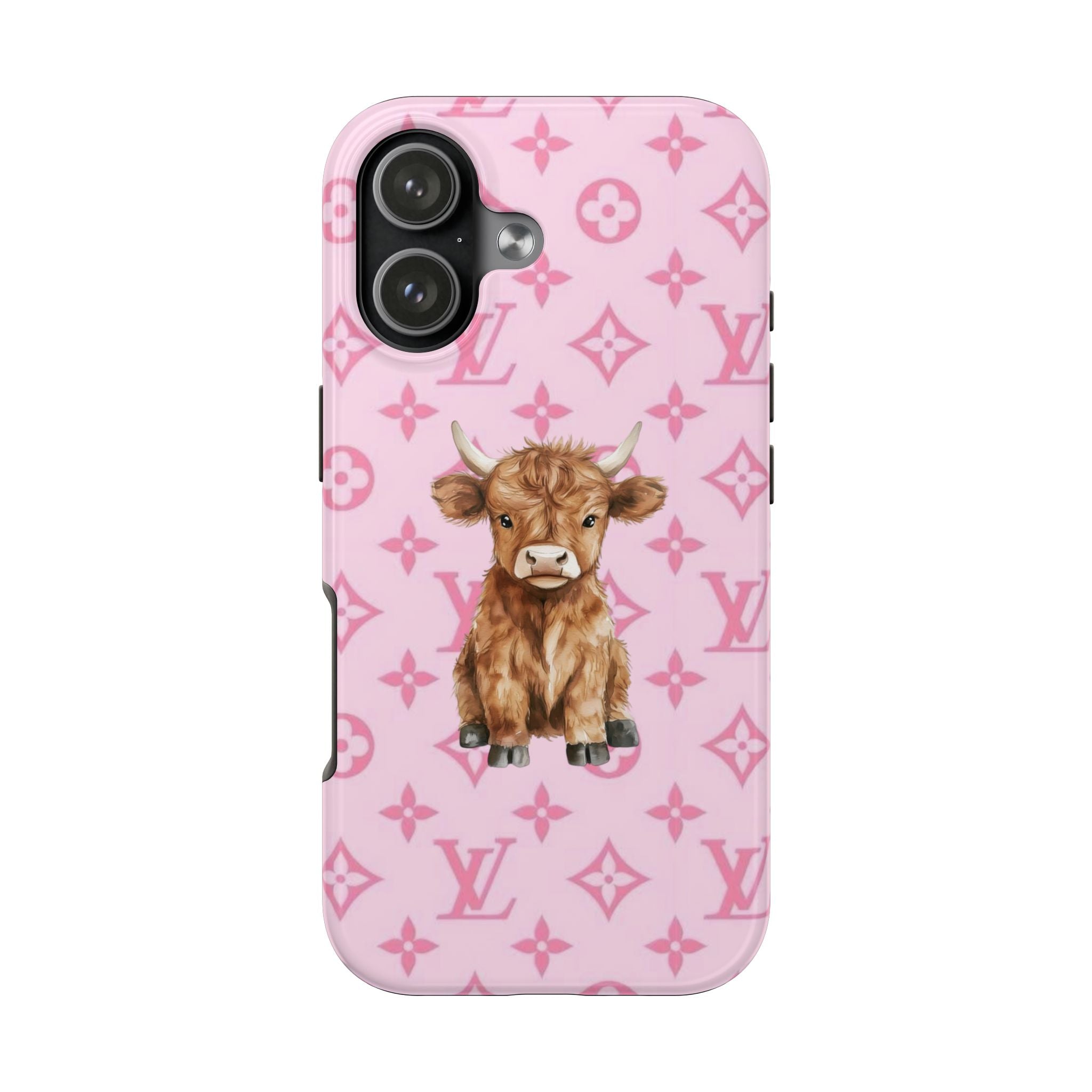 Pink LV phone case with highland cow graphic and repeating monogram pattern
