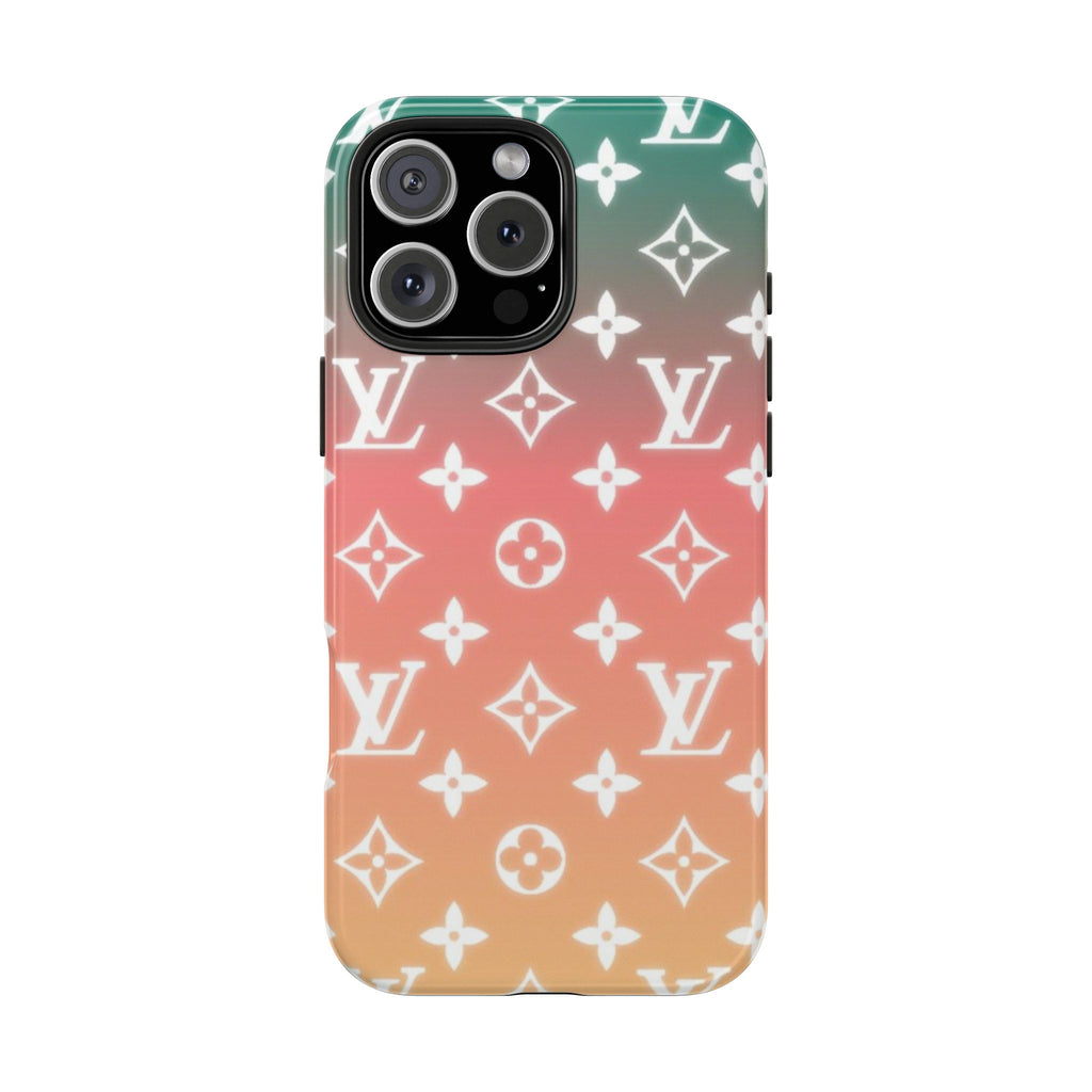 Phone case, green-to-pink gradient with white monogram pattern and camera cutouts