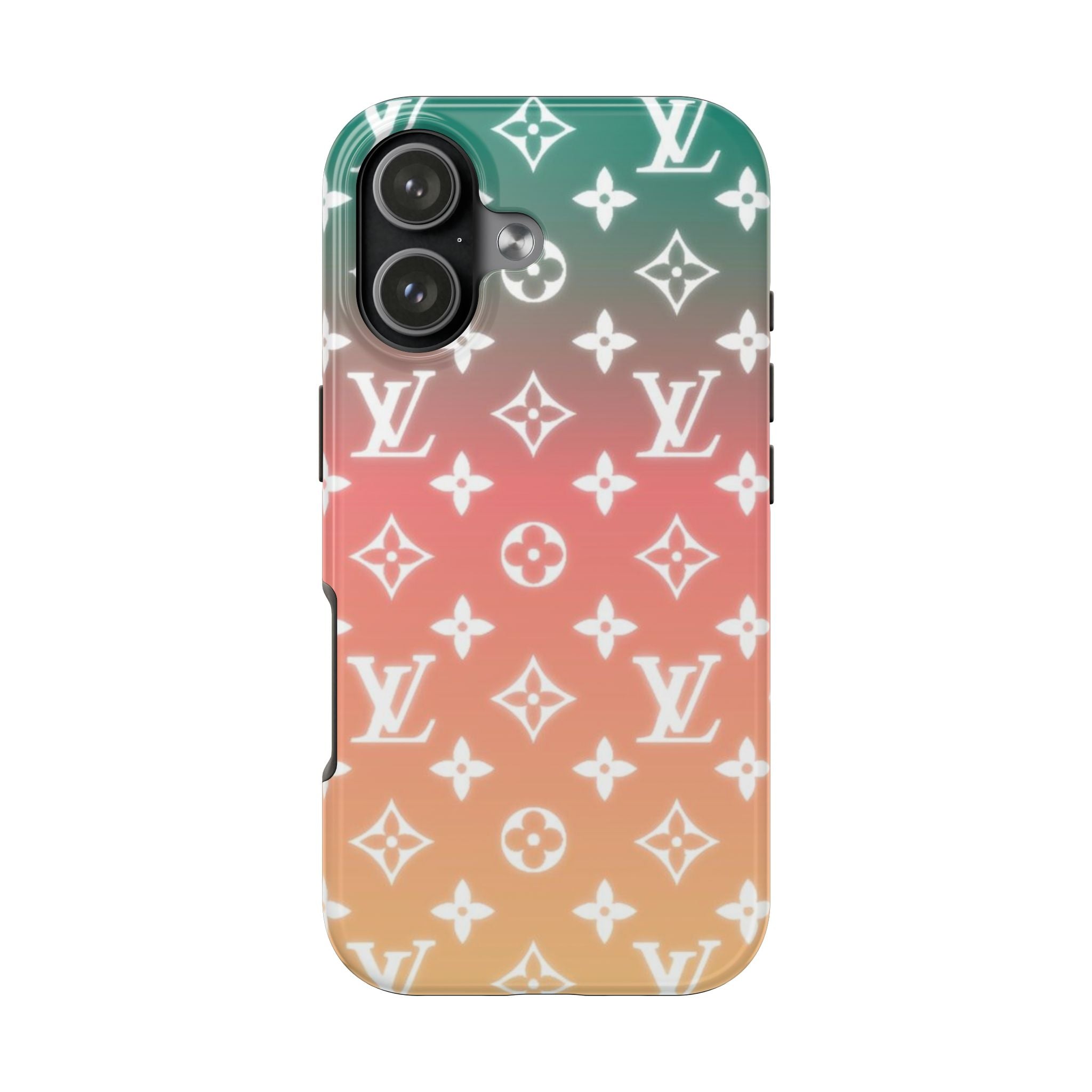 Phone case, green-to-pink gradient with white monogram pattern and camera cutouts