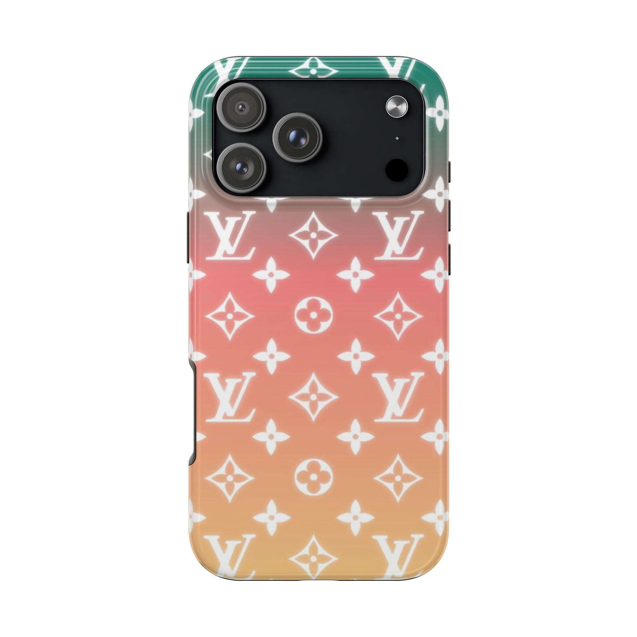 Phone case, pink-to-tan gradient with white monogram pattern and camera cutouts