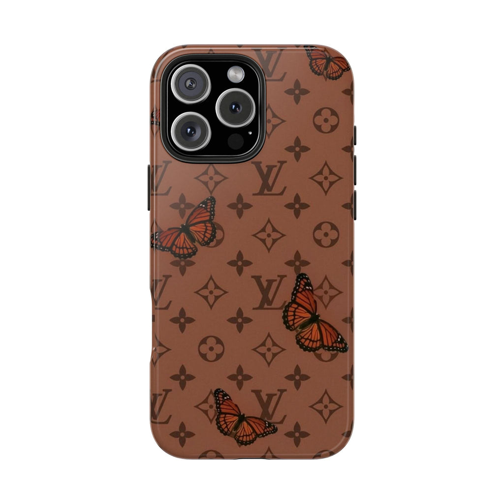 Mocha brown phone case with LV monogram pattern and colorful butterflies, protective cover
