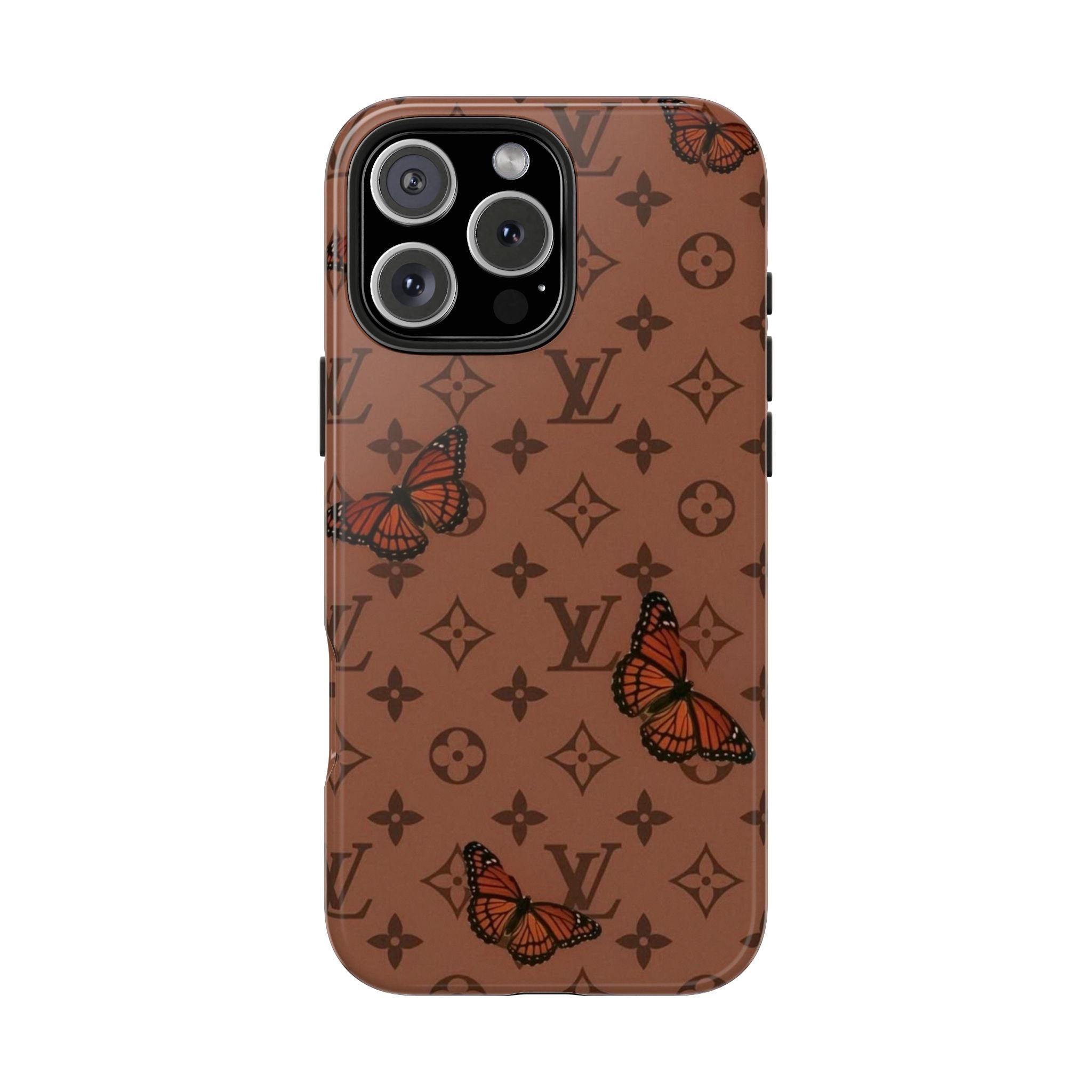 Mocha brown phone case with LV monogram pattern and colorful butterflies, protective cover