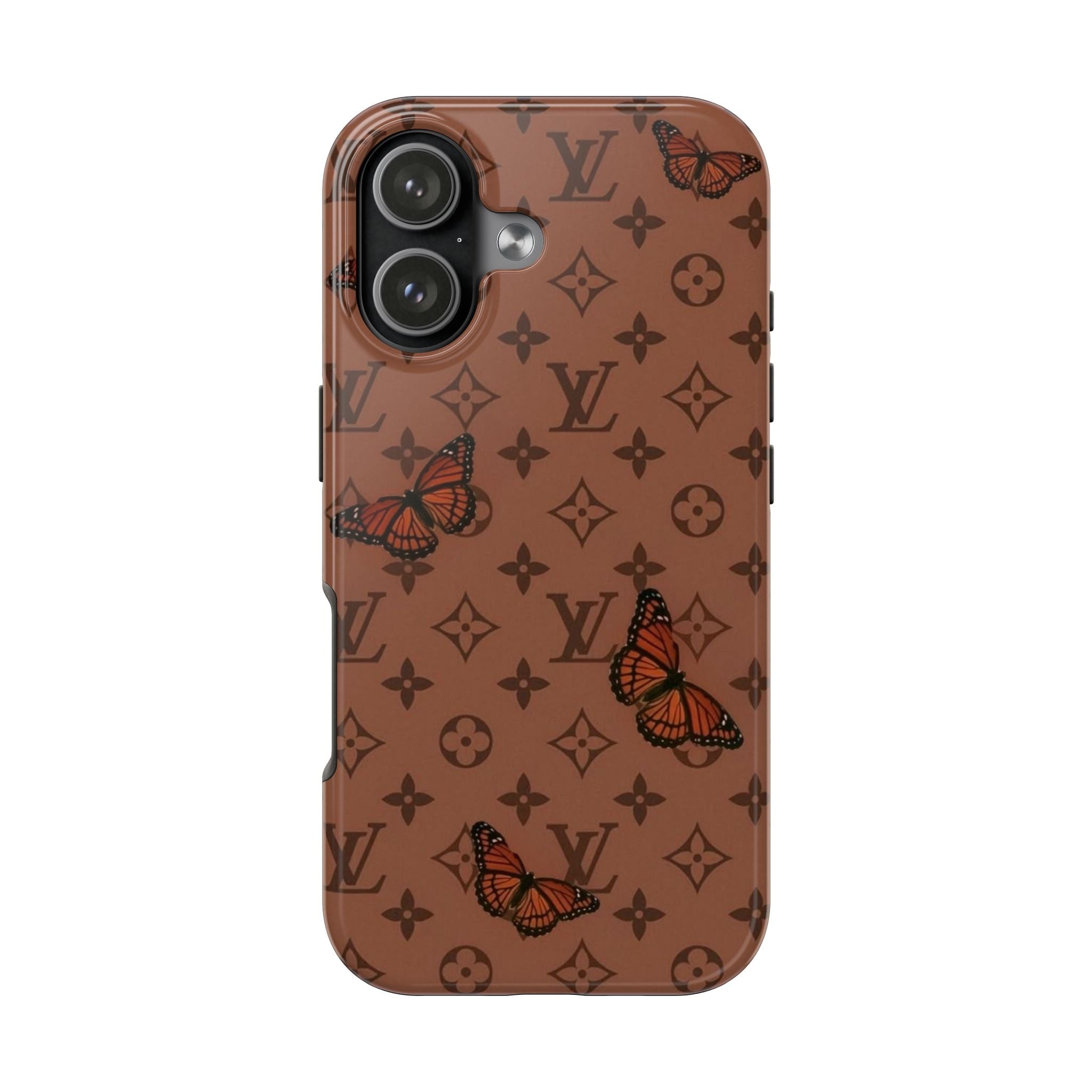 Mocha brown phone case with LV monogram icons and butterfly graphics, slim protective cover