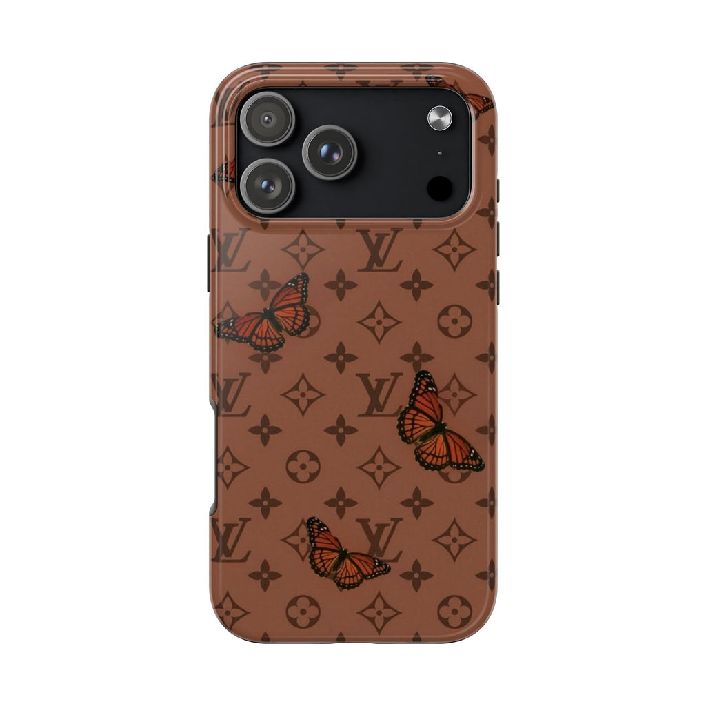 Mocha brown phone case with LV monogram and butterfly pattern, raised camera area protection