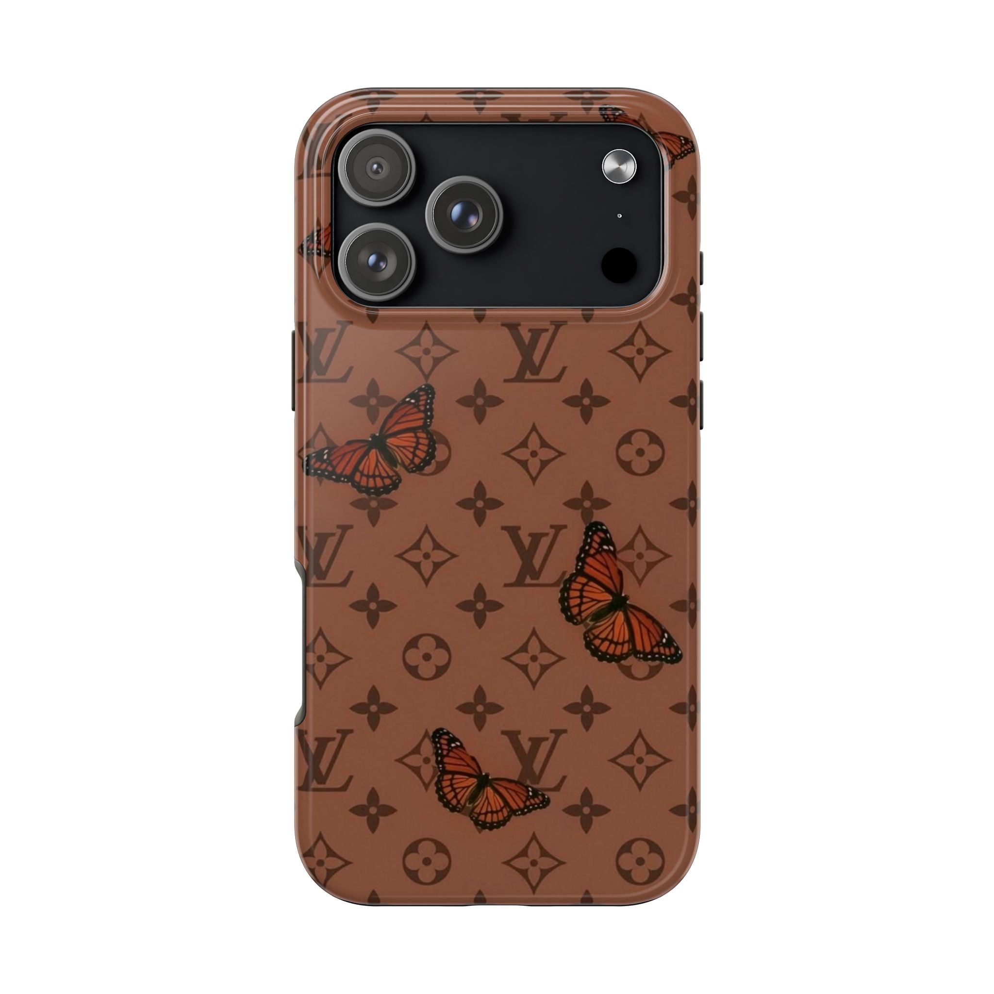 Mocha brown phone case with LV monogram and butterfly pattern, raised camera area protection