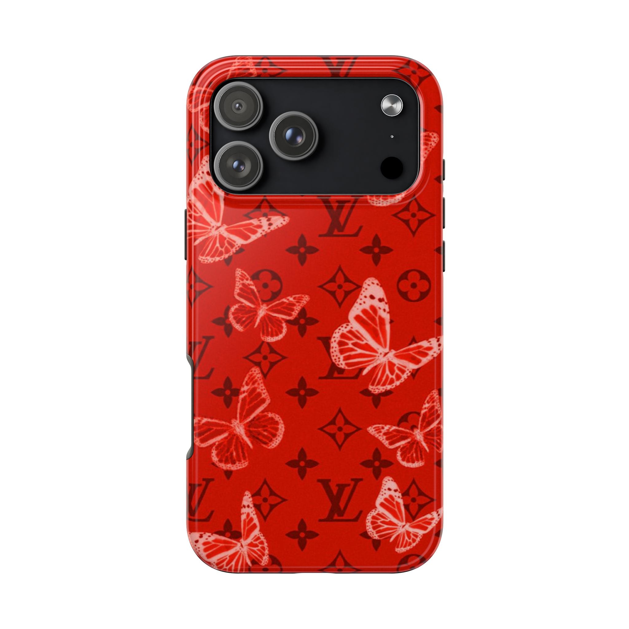 Red phone case with LV monogram and butterfly print, raised camera cutout
