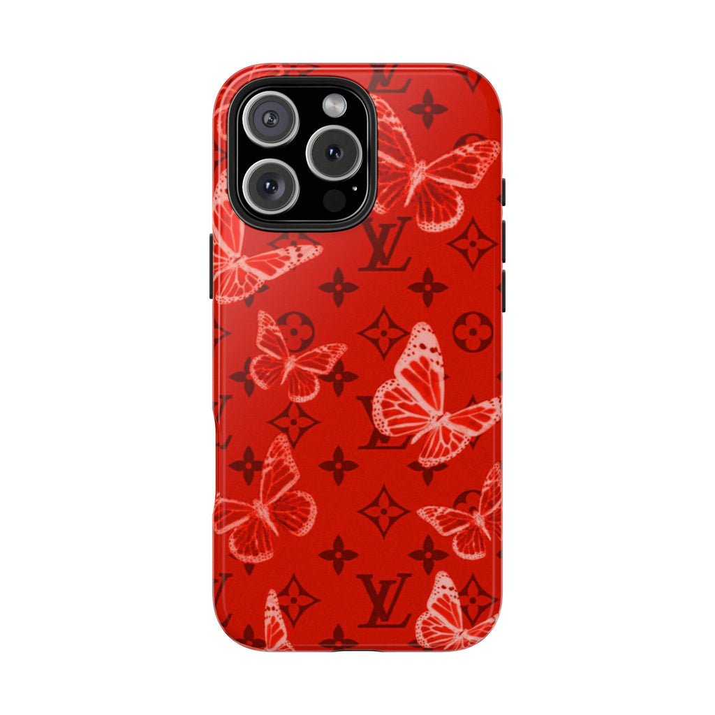 Red phone case with butterfly and LV monogram pattern, dual camera cutout