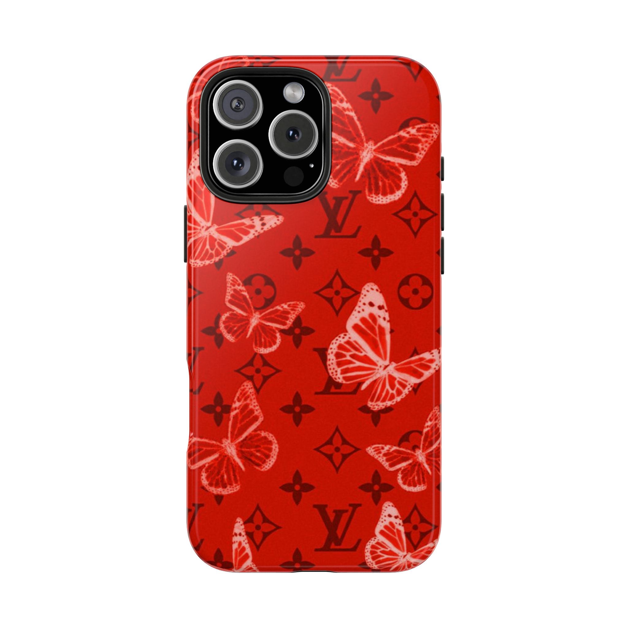 Red phone case with butterfly and LV monogram pattern, dual camera cutout