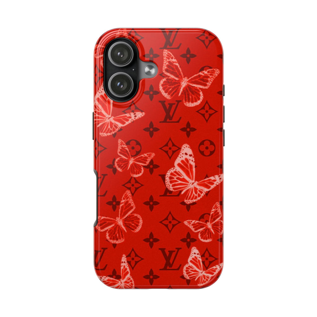 Red phone case with LV monogram butterflies, side button openings and camera cutout
