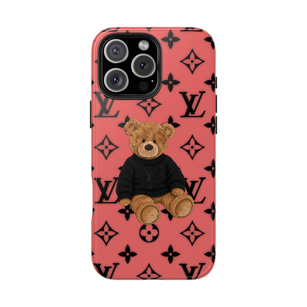 Light coral phone case with teddy bear in black sweater, LV monogram pattern