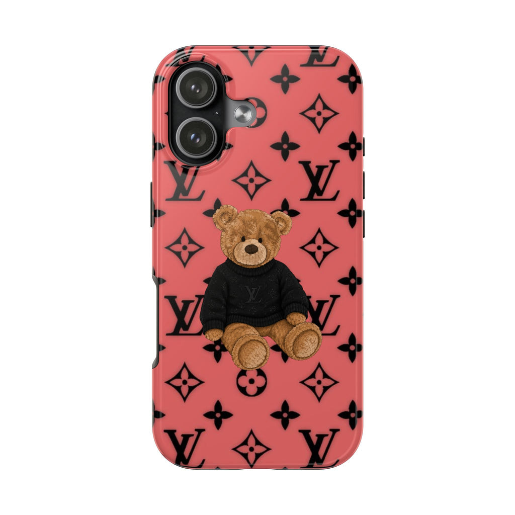 Light coral phone case with sitting teddy bear and LV monogram pattern