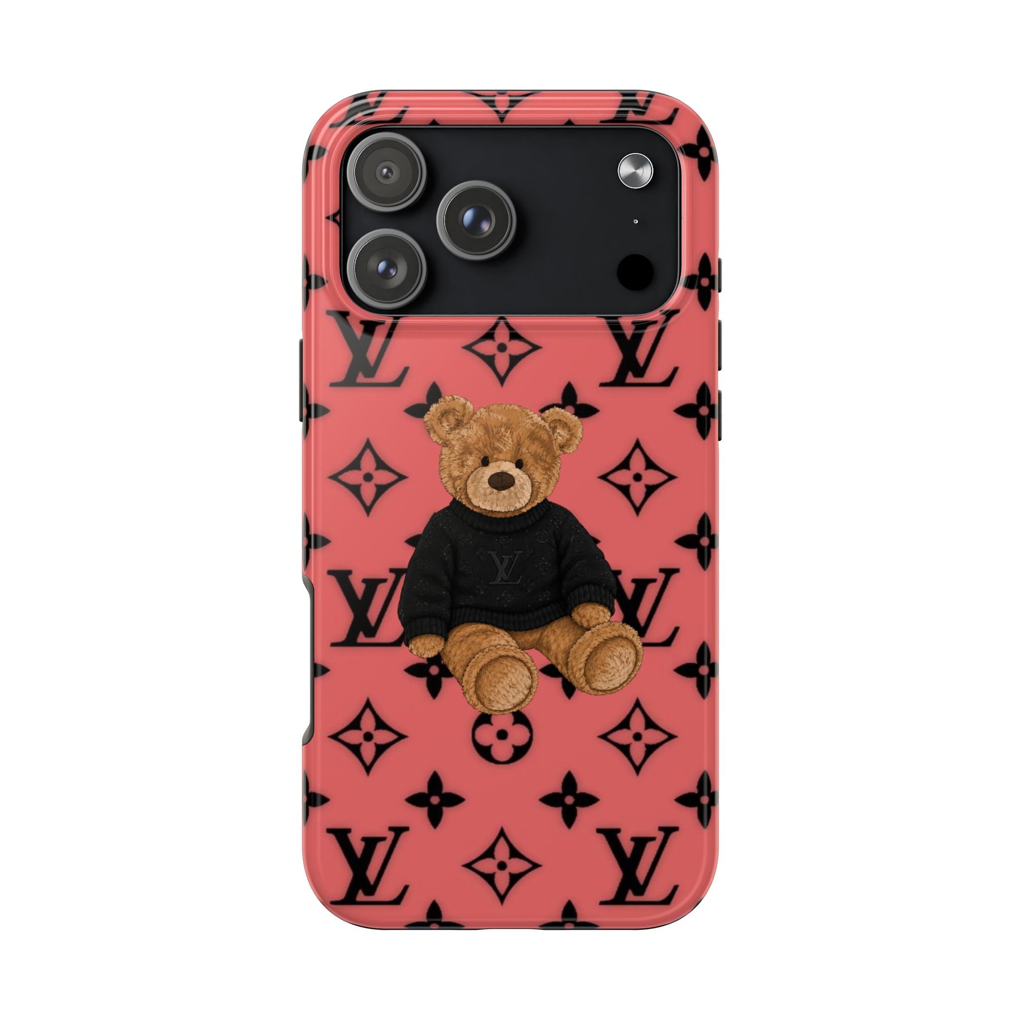 Light coral phone case with black teddy bear wearing sweater, LV monogram pattern