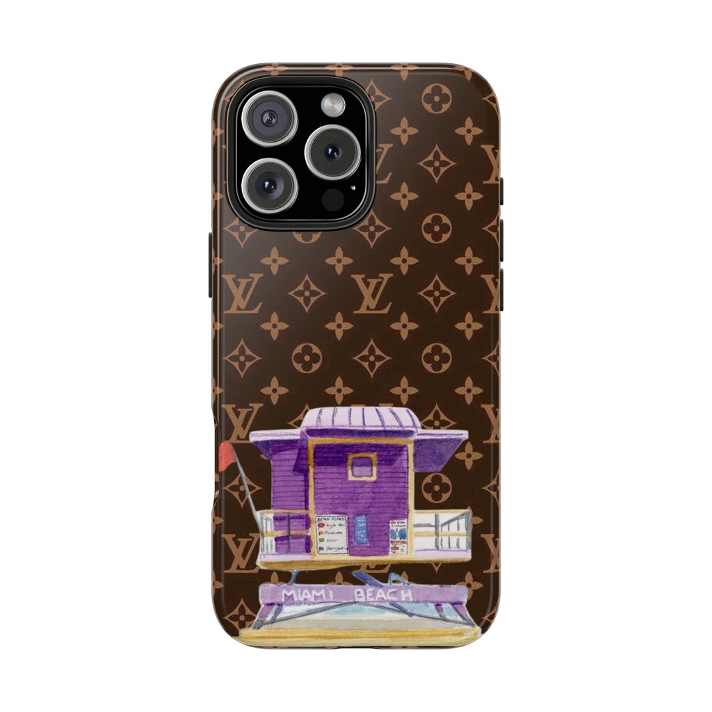 LV monogram phone case with purple storefront and 'MIAMI BEACH' banner, camera cutouts