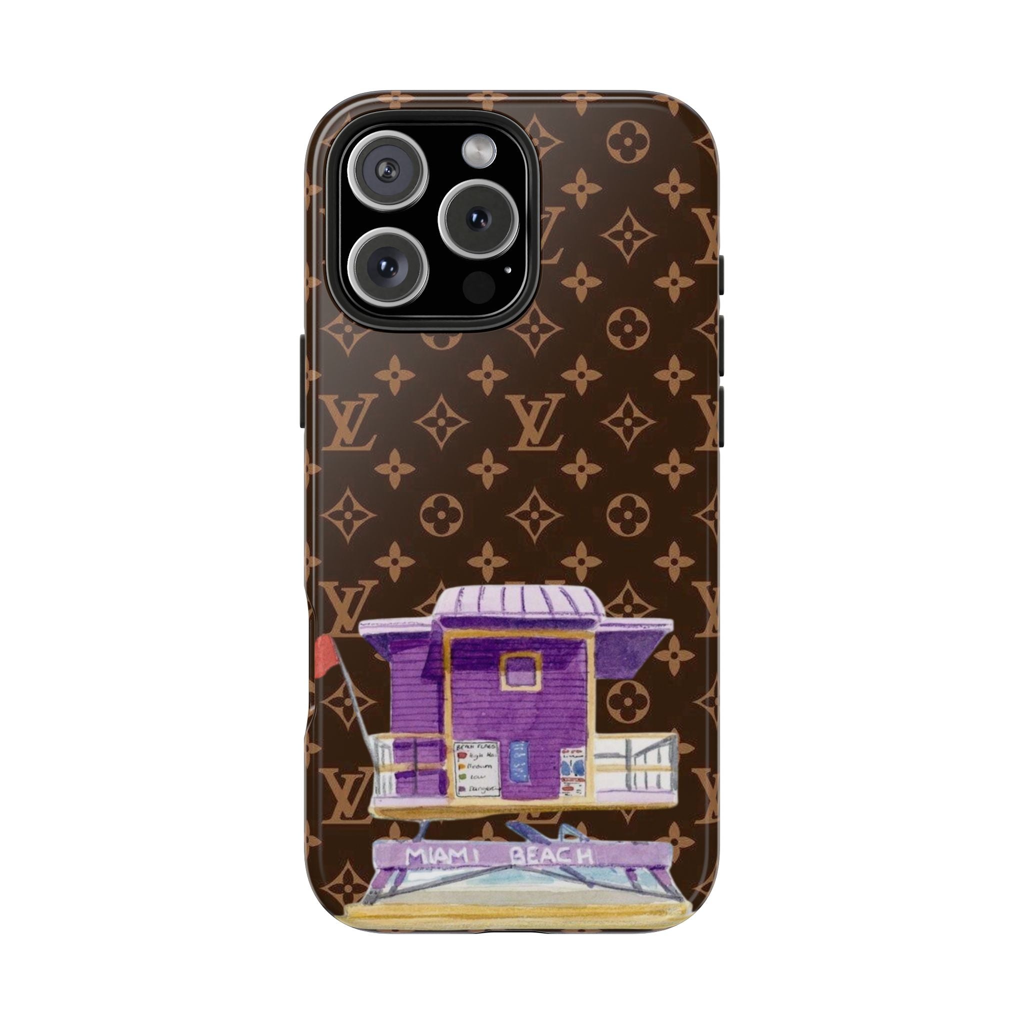 LV monogram phone case with purple storefront and 'MIAMI BEACH' banner, camera cutouts