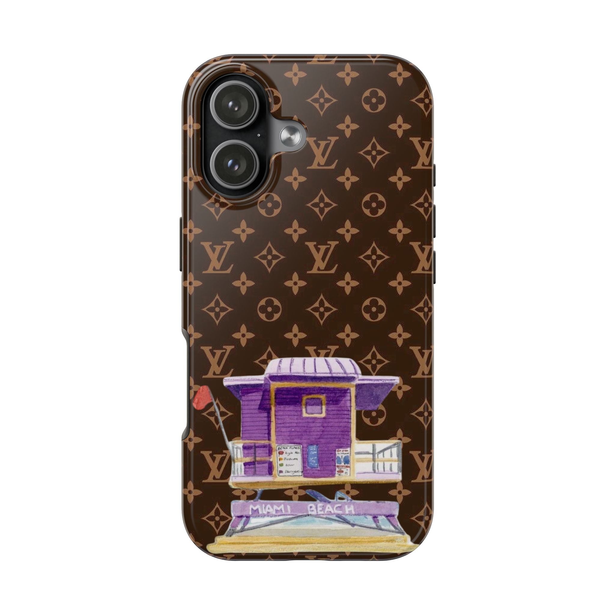 LV monogram phone case with centered purple storefront and 'MIAMI BEACH' banner, camera cutouts