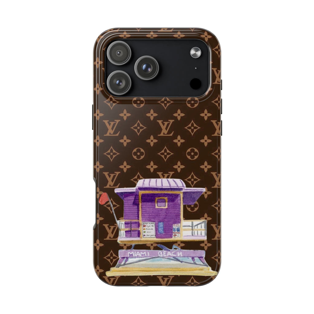 LV monogram phone case with purple storefront art and camera cutouts