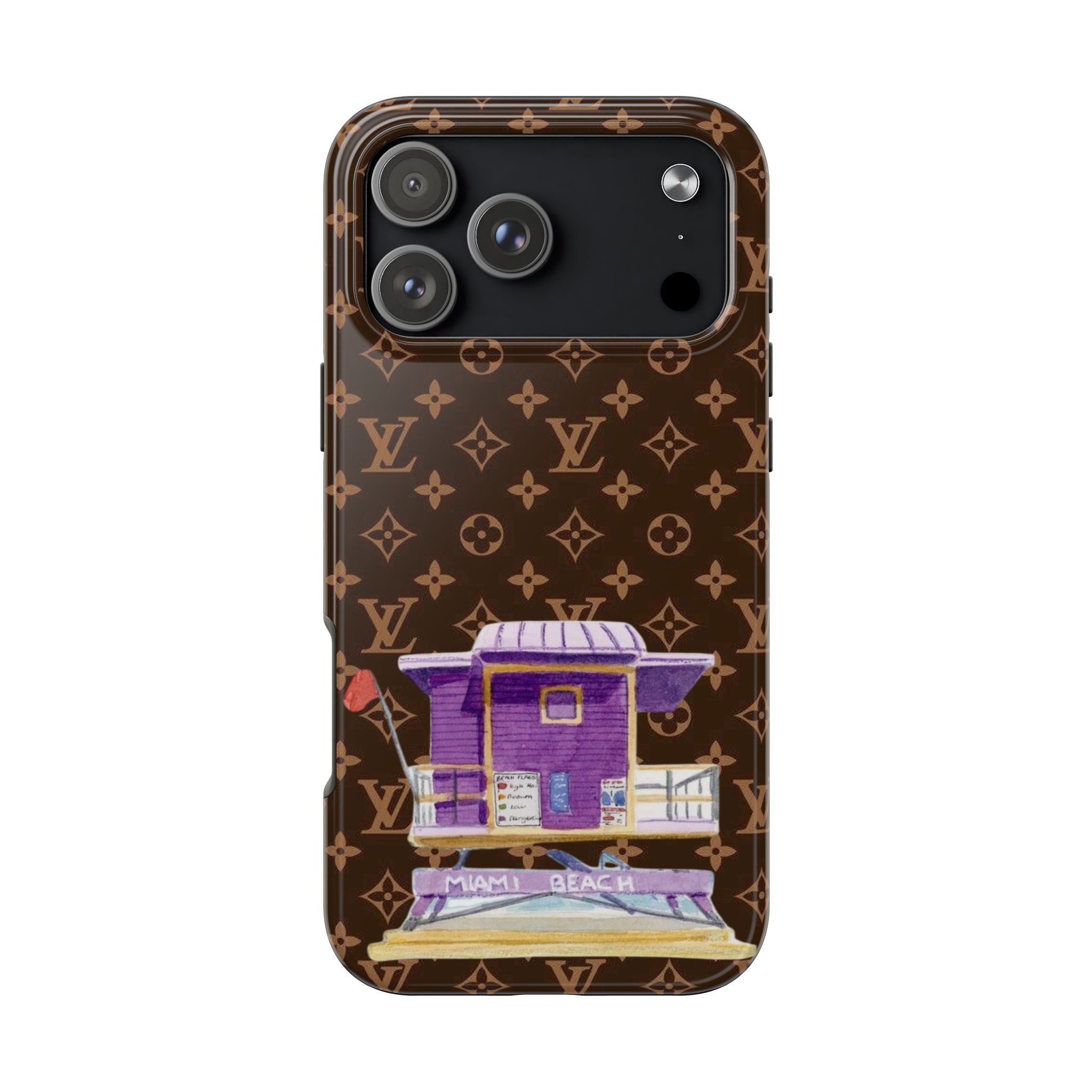 LV monogram phone case with purple storefront art and camera cutouts