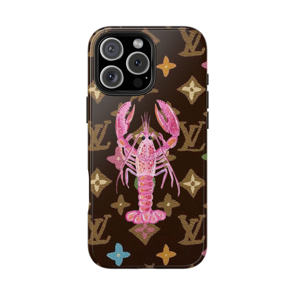 Brown phone case with pink lobster and multicolor LV-style monogram pattern