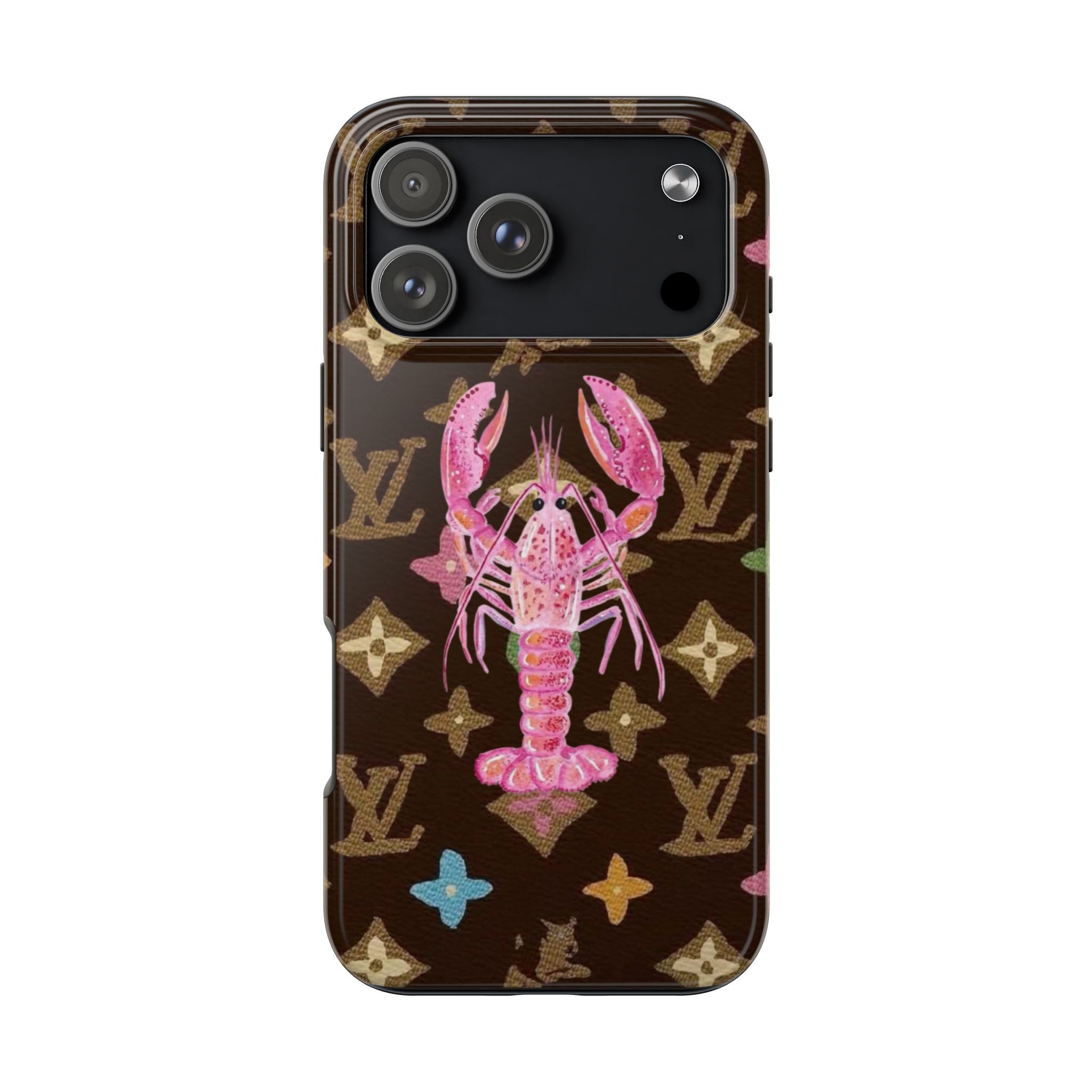 Brown phone case with pink lobster graphic and colorful LV-style monograms