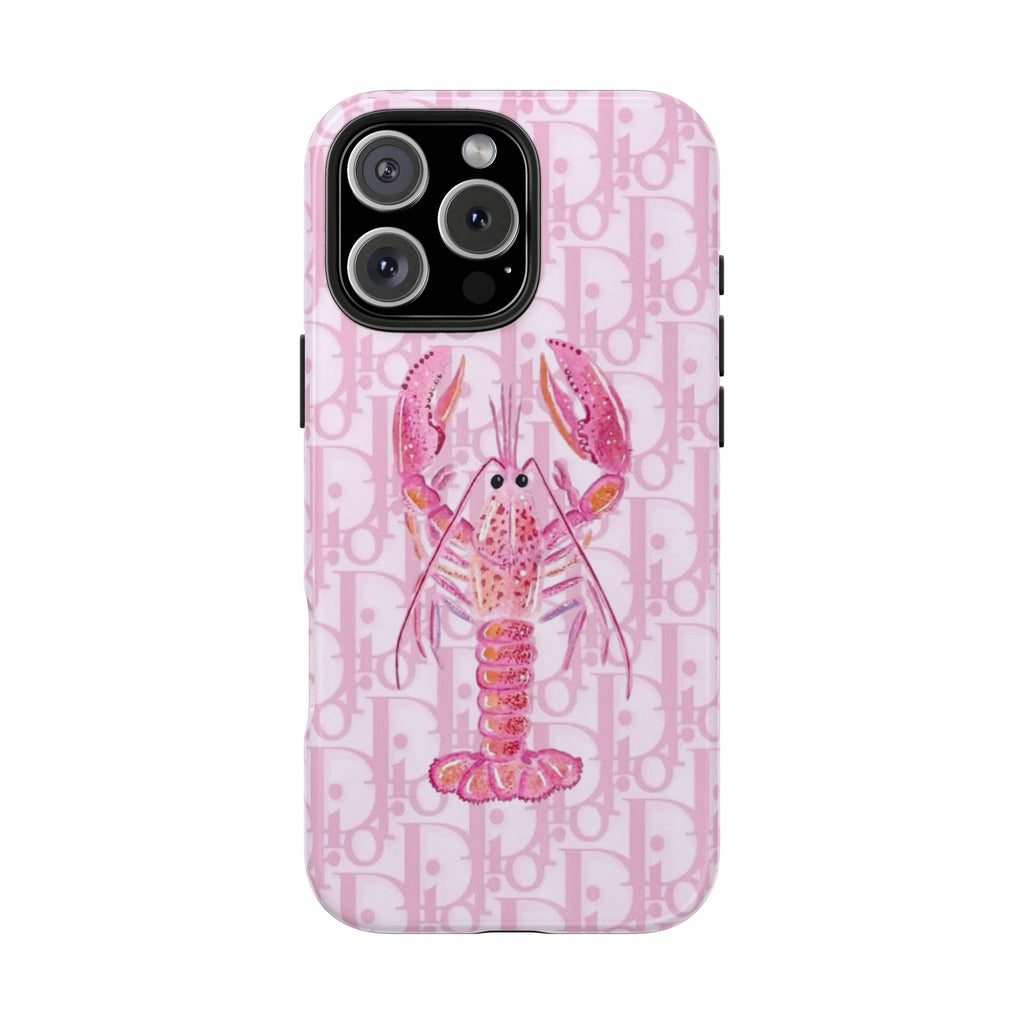 Pink Dior phone case with lobster graphic and monogram pattern; camera cutouts