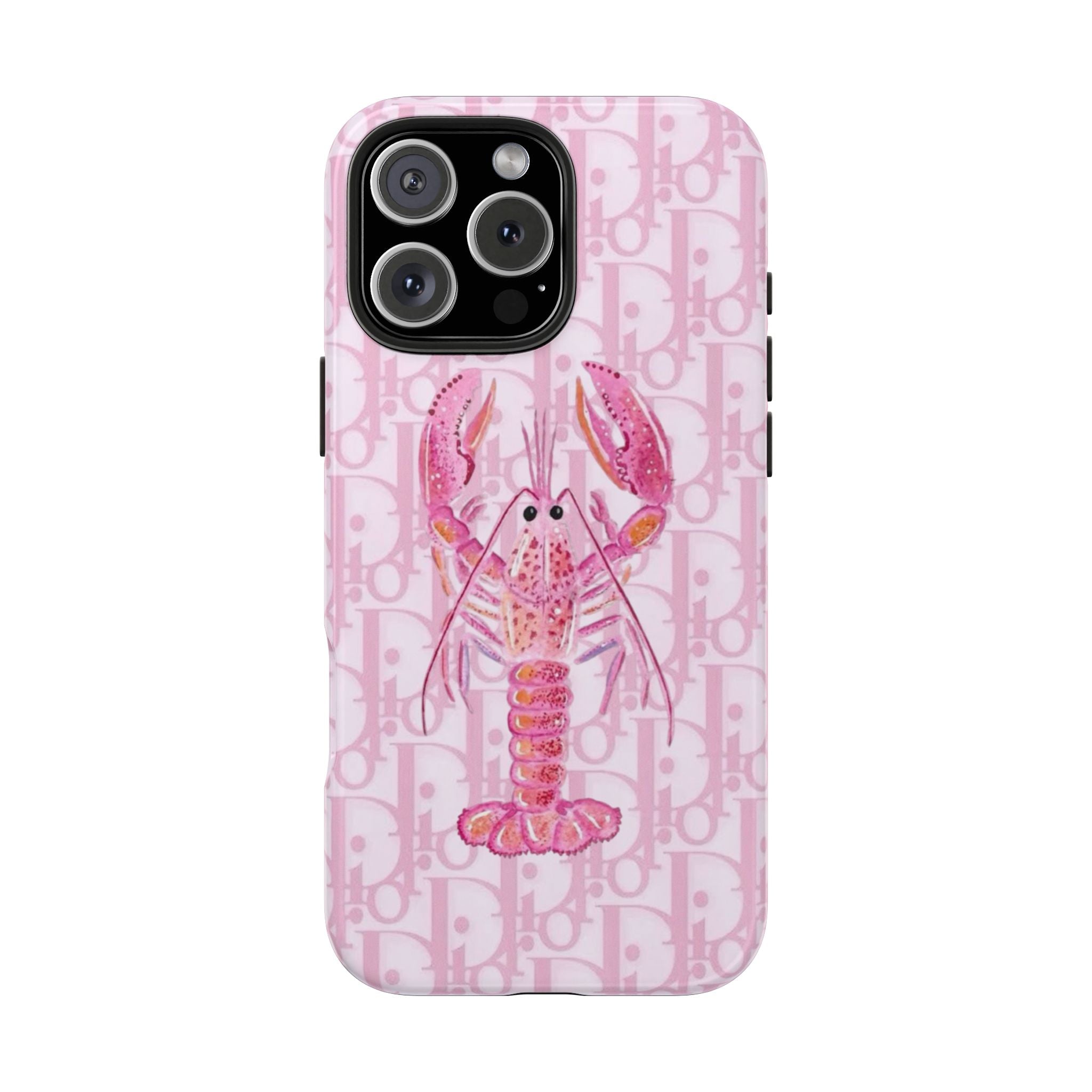 Pink Dior phone case with lobster graphic and monogram pattern; camera cutouts