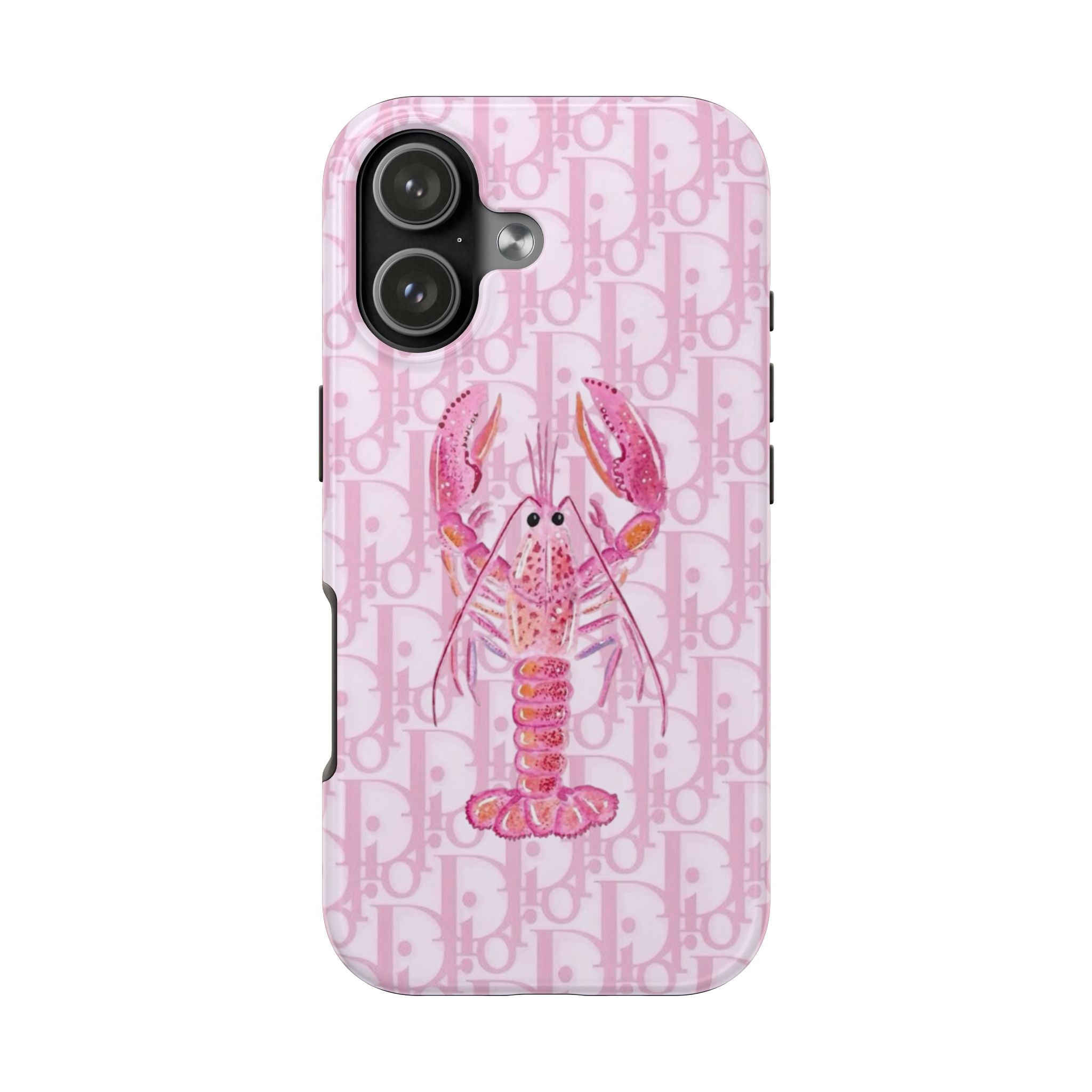 Pink Dior phone case with lobster graphic and monogram pattern; side button cutouts