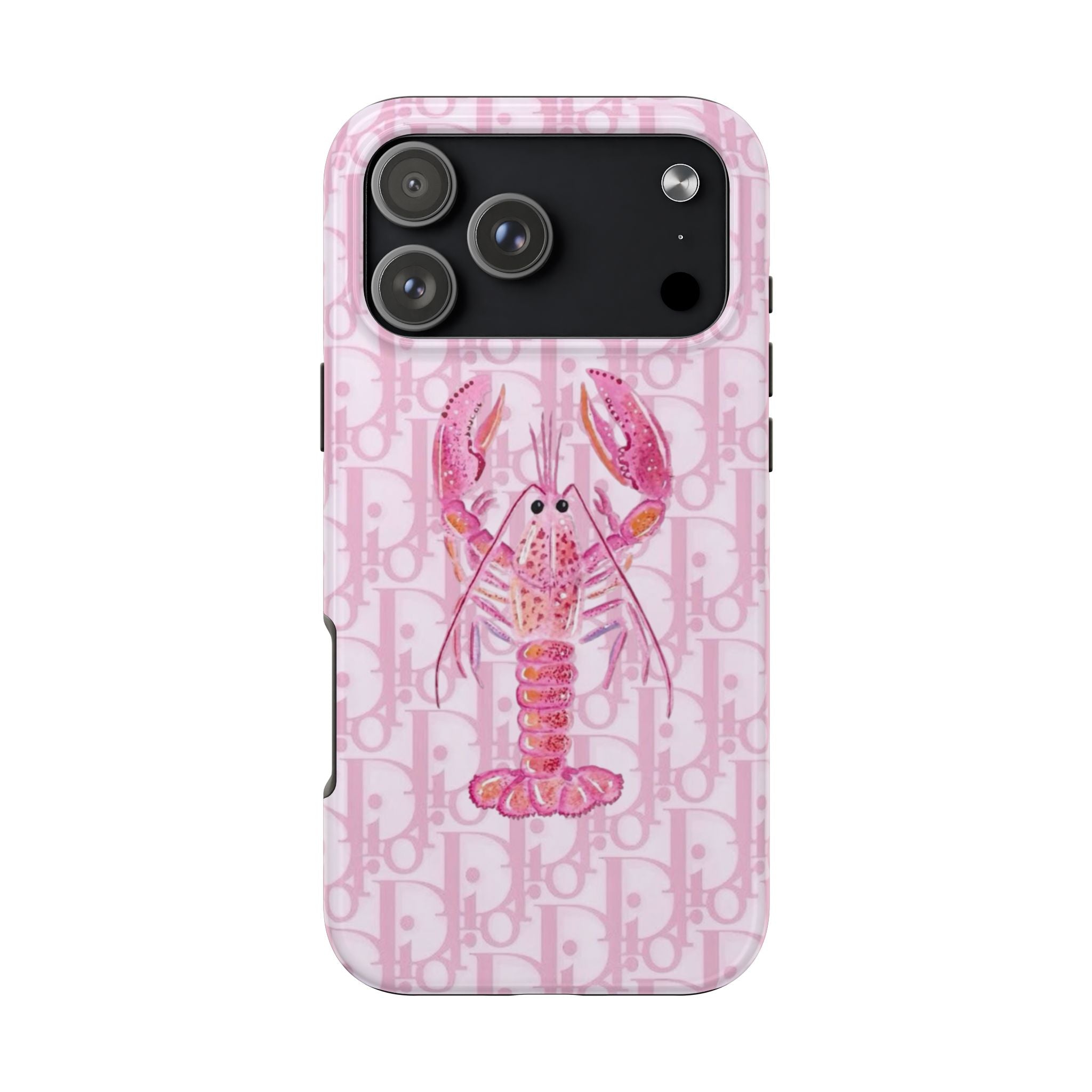 Pink Dior phone case with lobster graphic and monogram pattern; black camera area