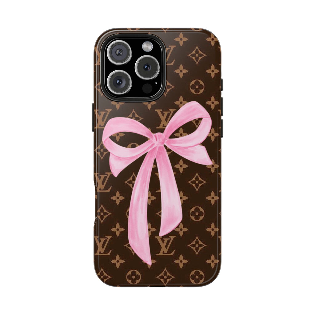 LV monogram phone case with pink ribbon bow, brown back and camera openings