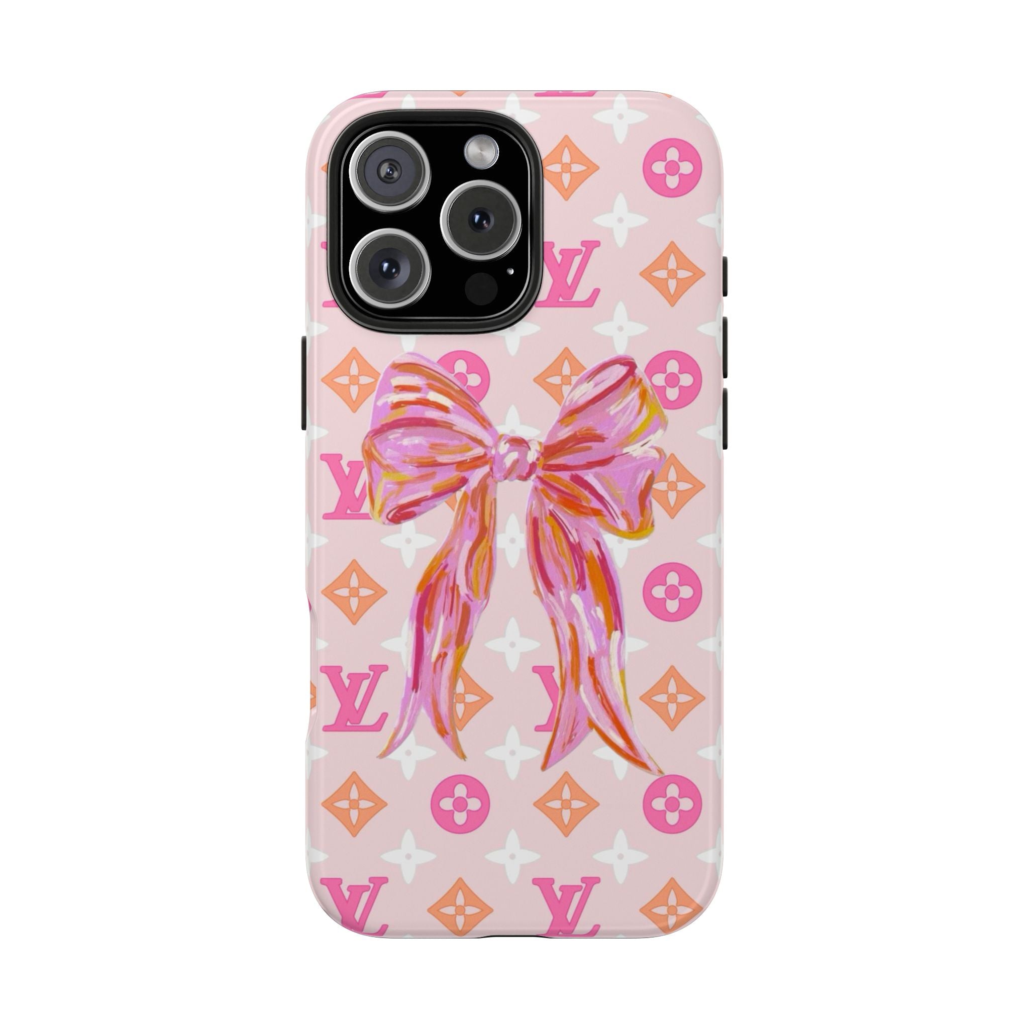 Light pink phone case with coquette bow and LV icons, raised camera bump