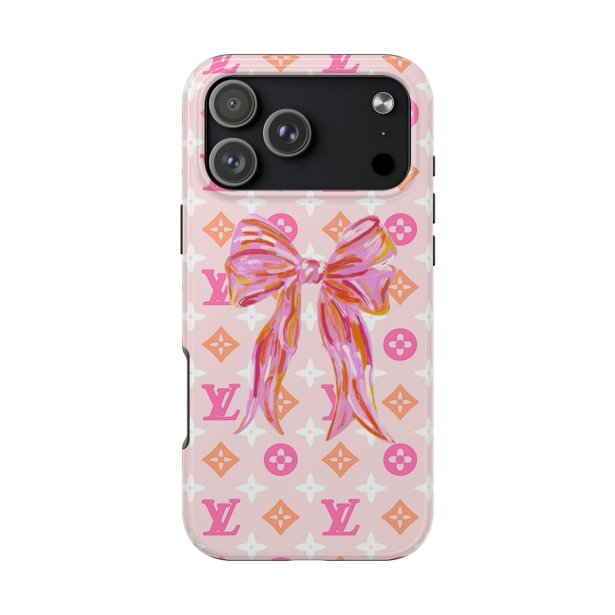 Light pink phone case with bow graphic and monogram icons, camera cutout